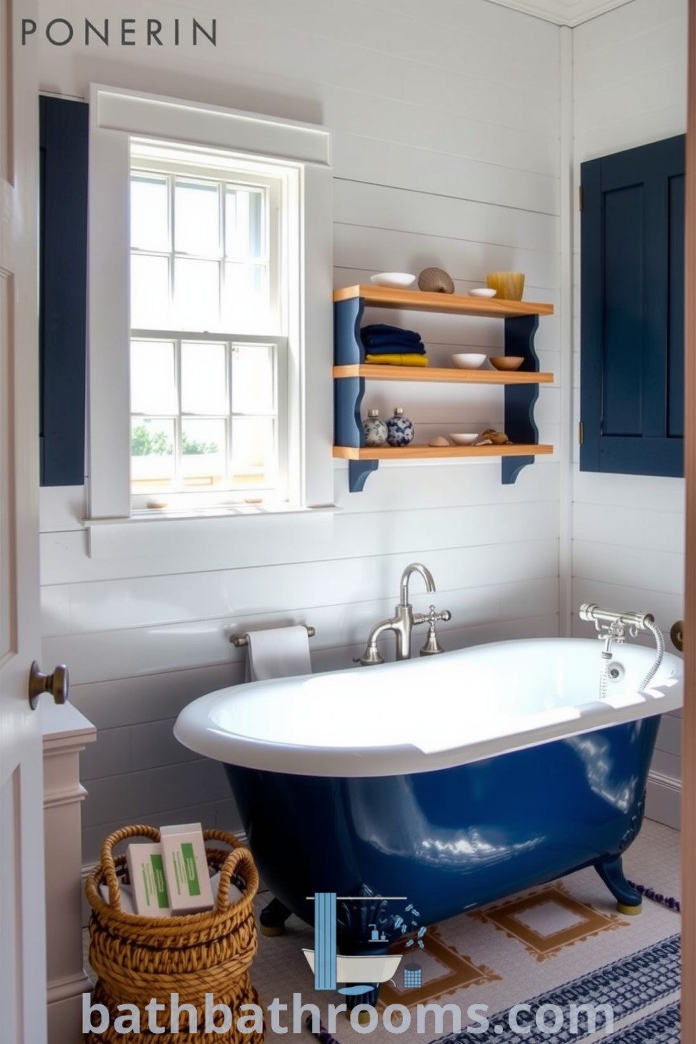 Nautical bathroom featuring white shiplap walls, navy accents, a deep ocean blue clawfoot tub, driftwood shelves with seashells and sea salt soaps, creating a cozy and inviting atmosphere. Discover inspiring decor ideas for your home at bathbathrooms.com.