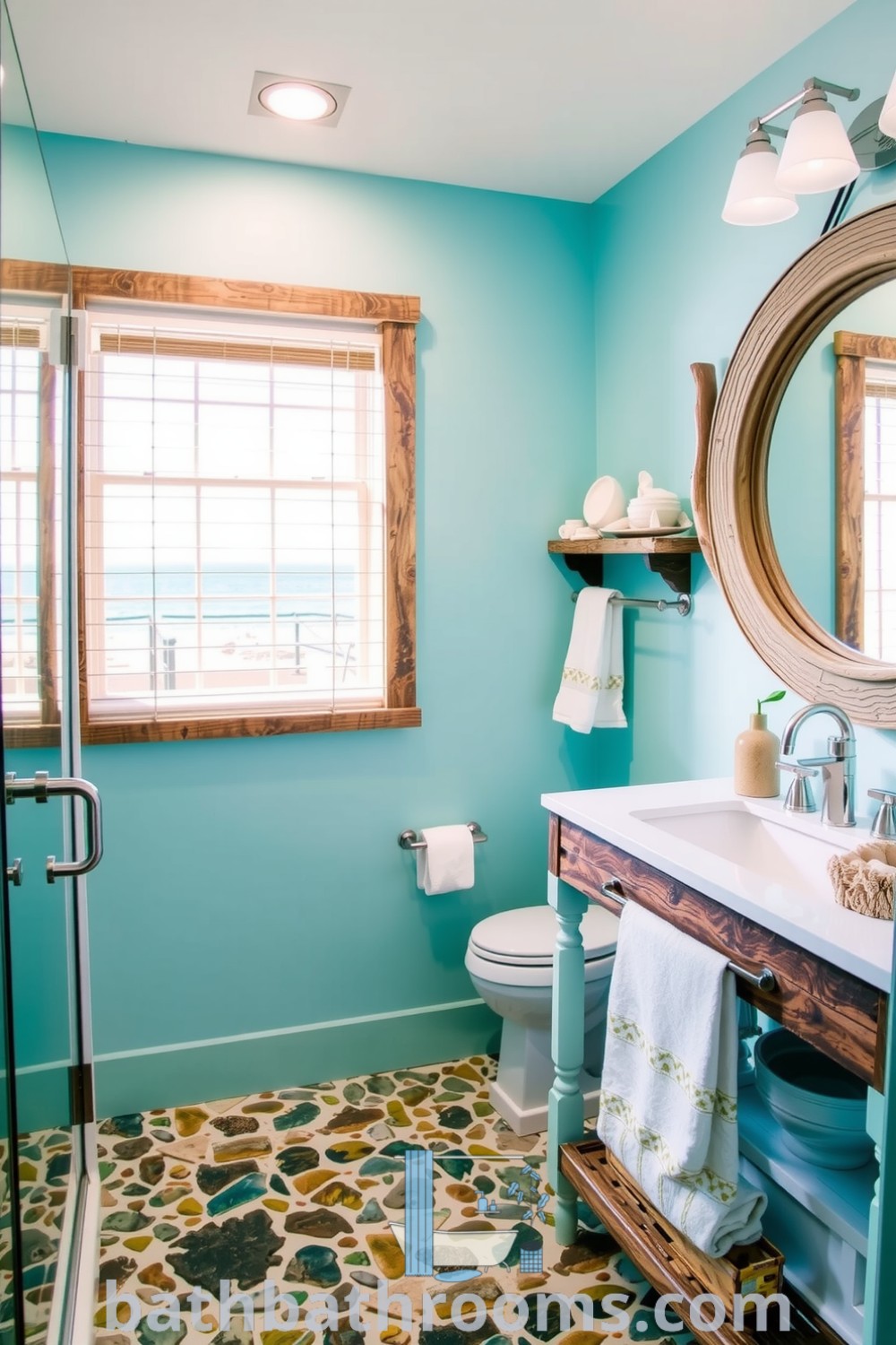 Sea-inspired bathroom with aquamarine walls, pebble-stone shower floor, driftwood accents, and seashell decor, creating a tranquil coastal aesthetic. Discover inspiring decor ideas for your home at bathbathrooms.com.