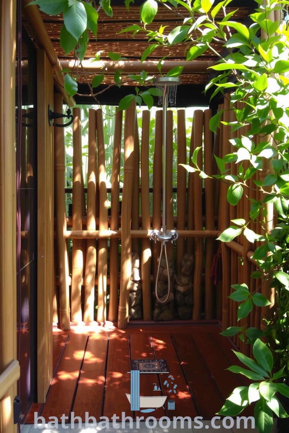 Tropical outdoor shower retreat featuring weathered bamboo and river stones, surrounded by lush greenery and vines, creating a serene and inviting atmosphere. Discover unique ideas and decor inspirations for your home at bathbathrooms.com.