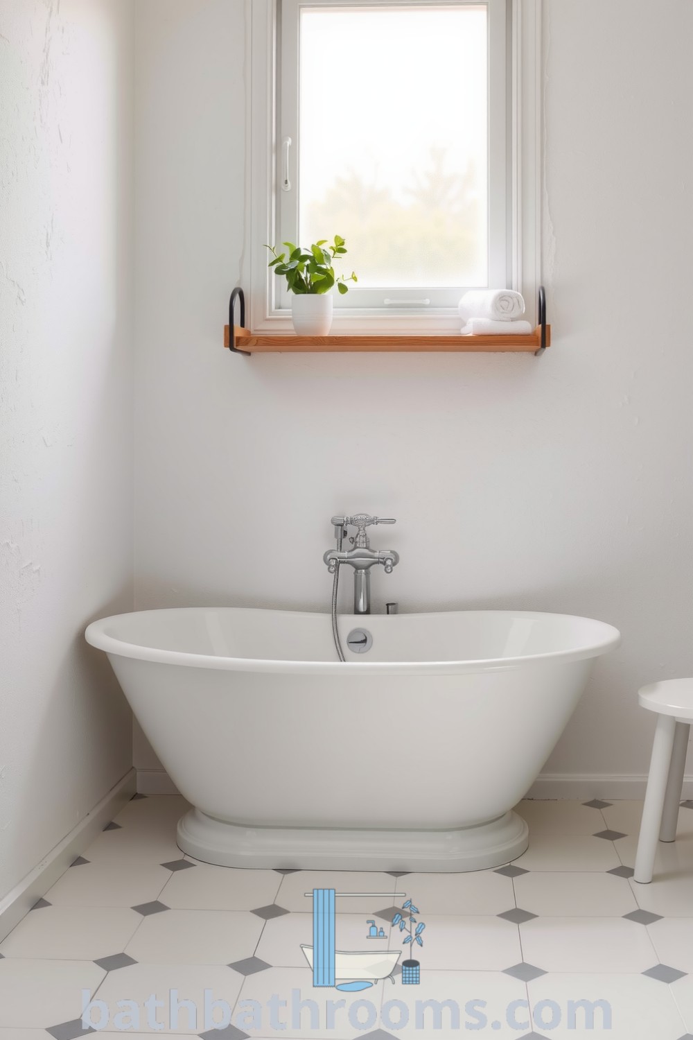 Minimalist bathroom featuring a serene white porcelain tub, textured plaster walls, soft afternoon light, and natural elements like a potted plant and rolled towel, creating a calming atmosphere. Discover more decor ideas for small spaces at bathbathrooms.com.