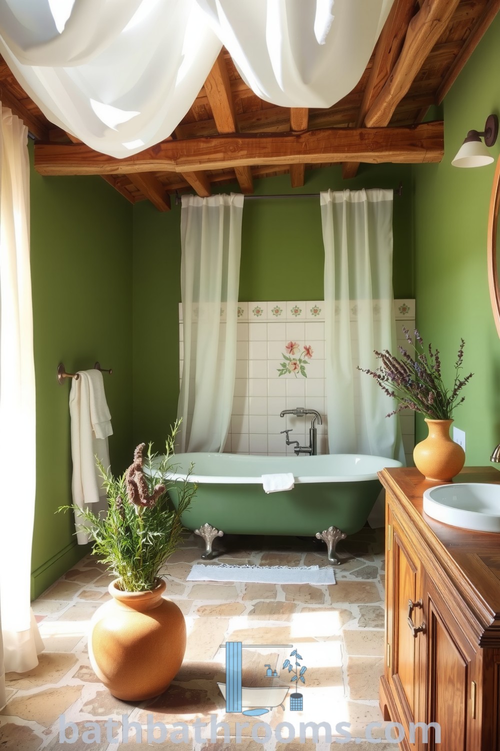 Cozy Provence bathroom featuring a vintage clawfoot tub, hand-painted floral tiles, rustic wooden beams, and stone flooring, creating a charming and inviting atmosphere. Discover more decor ideas for your home at bathbathrooms.com.
