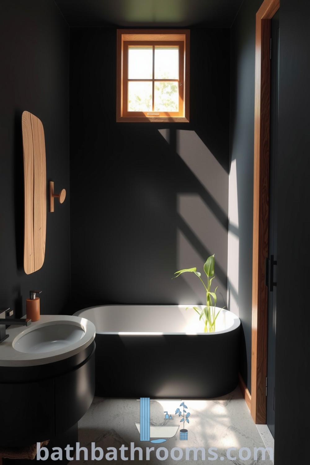 Minimalist black bathroom featuring a sleek matte tub, deep charcoal walls, natural wood accents, textured stone floor, and fresh greenery, creating a calming and rejuvenating atmosphere. Discover inspiring decor ideas for your home at bathbathrooms.com.