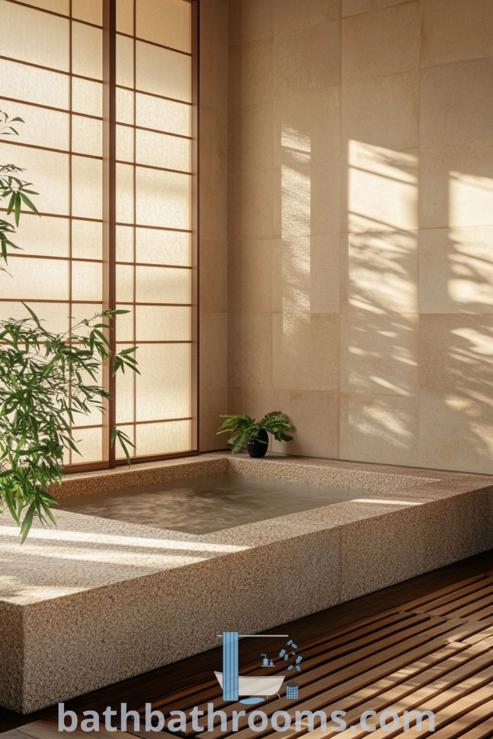 Spacious Japanese bathroom featuring a natural stone tub, beige walls, soft morning light through shoji screens, bamboo accents, and an indoor plant, creating a serene and inviting atmosphere. Discover inspiring decor ideas for your home at bathbathrooms.com.