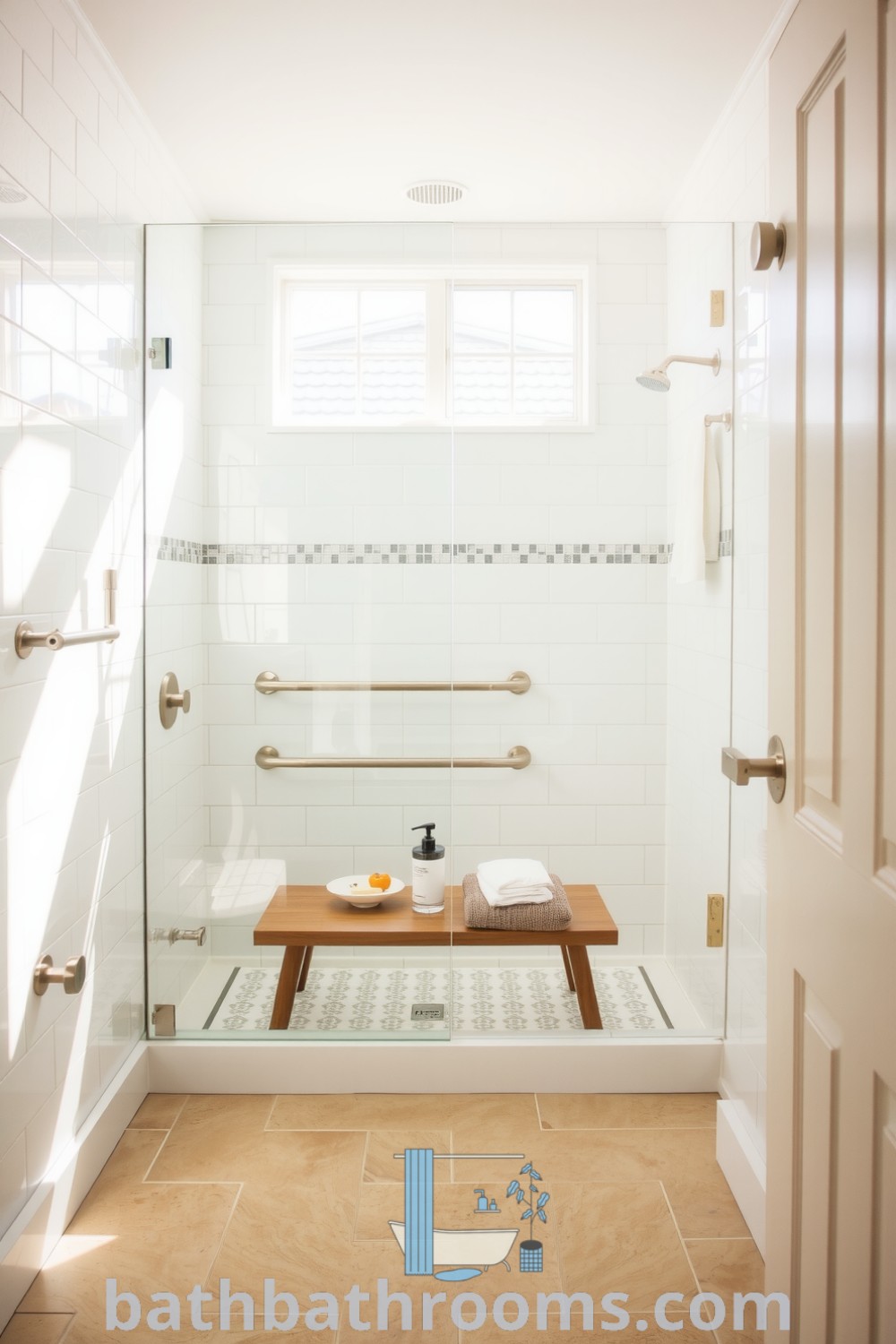 Tranquil bathroom featuring a frameless glass shower, soft white tiles, textured natural stone floor, wooden bench, and brushed nickel fixtures, creating a serene retreat. Discover unique ideas for your home at bathbathrooms.com.