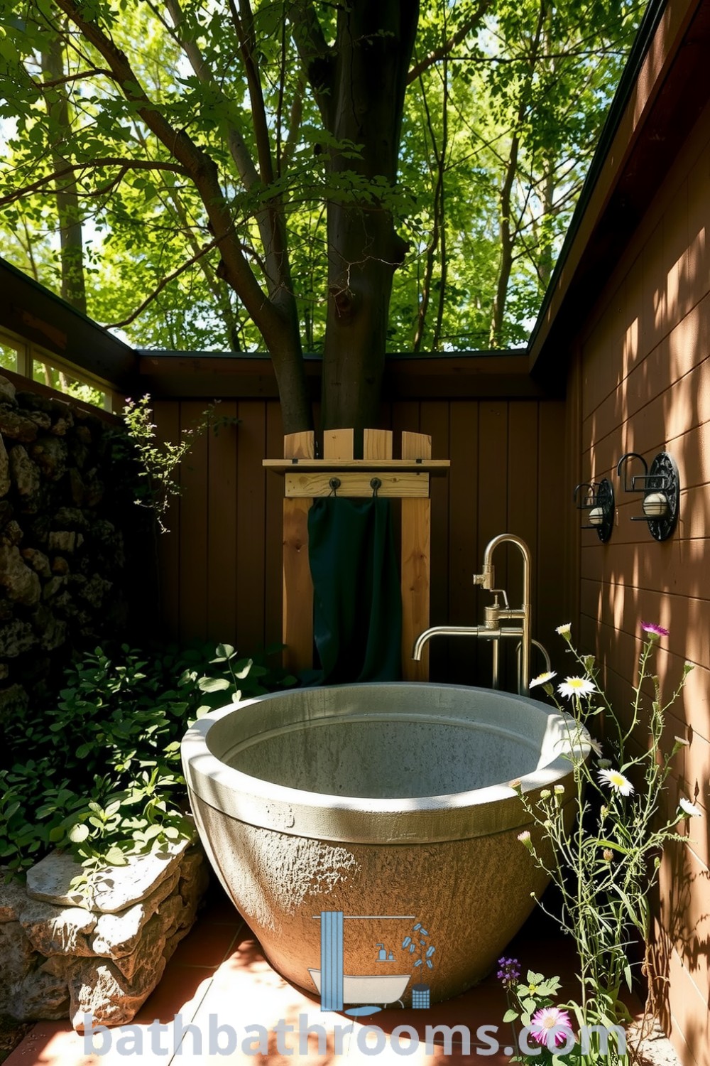 Rustic outdoor bathroom featuring a freestanding stone bathtub, aged cedar wood accents, and vibrant wildflowers, creating a tranquil and inviting atmosphere. Discover inspiring decor ideas for your home at bathbathrooms.com.