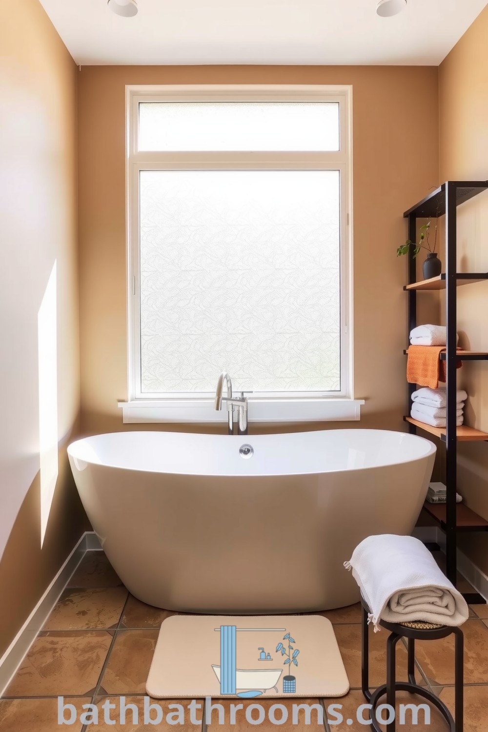 Minimalist bathroom featuring soft sand-colored walls, a sleek white freestanding tub, a wooden shelf with greenery, and earthy stone tiles, creating a calming atmosphere perfect for relaxation. Discover inspiring decor ideas and a cozy aesthetic for your home at bathbathrooms.com.