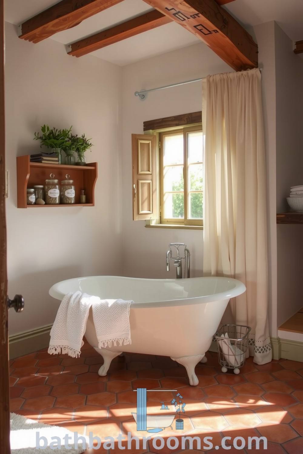 Cozy Provence bathroom featuring soft white walls, terracotta tiles, vintage clawfoot tub, and decorative shelves of dried herbs, creating a serene and inviting atmosphere. Discover inspiring decor ideas for your home at bathbathrooms.com.