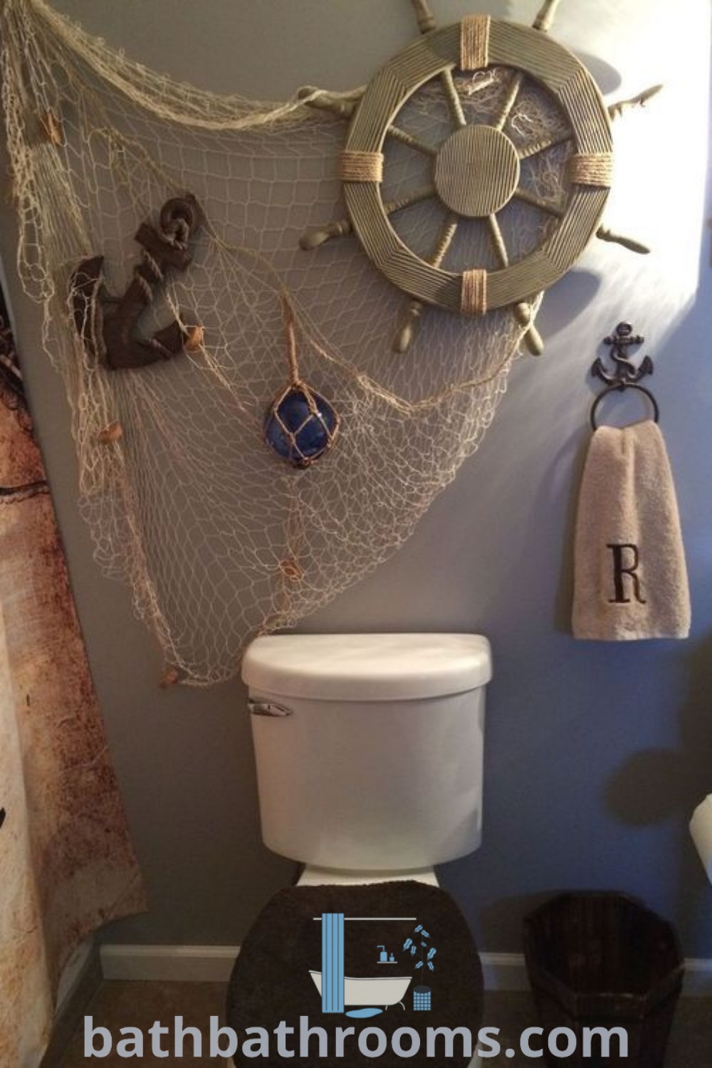 A pirate-themed bathroom featuring a toilet surrounded by nautical decorations, including anchors and ocean elements. Explore unique decor ideas and inspirations for creating a cozy home at bathbathrooms.com.