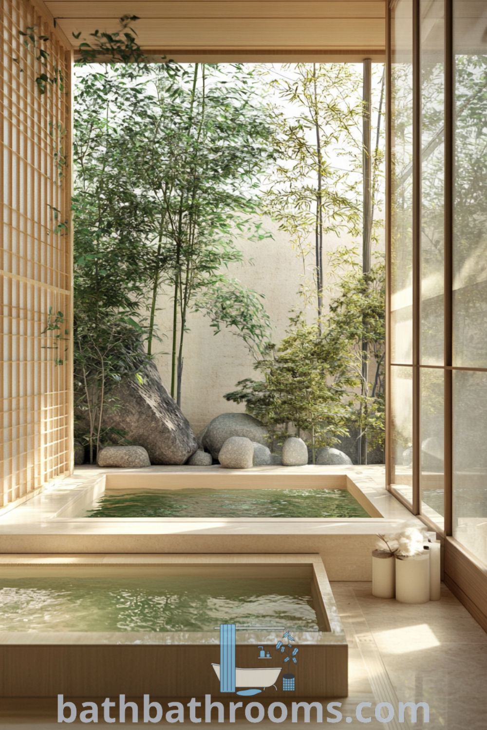 Japanese bathroom featuring a deep cedar soaking tub, soft green hues, natural wood accents, stones, and bamboo plants, illuminated by shoji screens. Discover inspiring decor ideas and cozy aesthetics for your home at bathbathrooms.com.