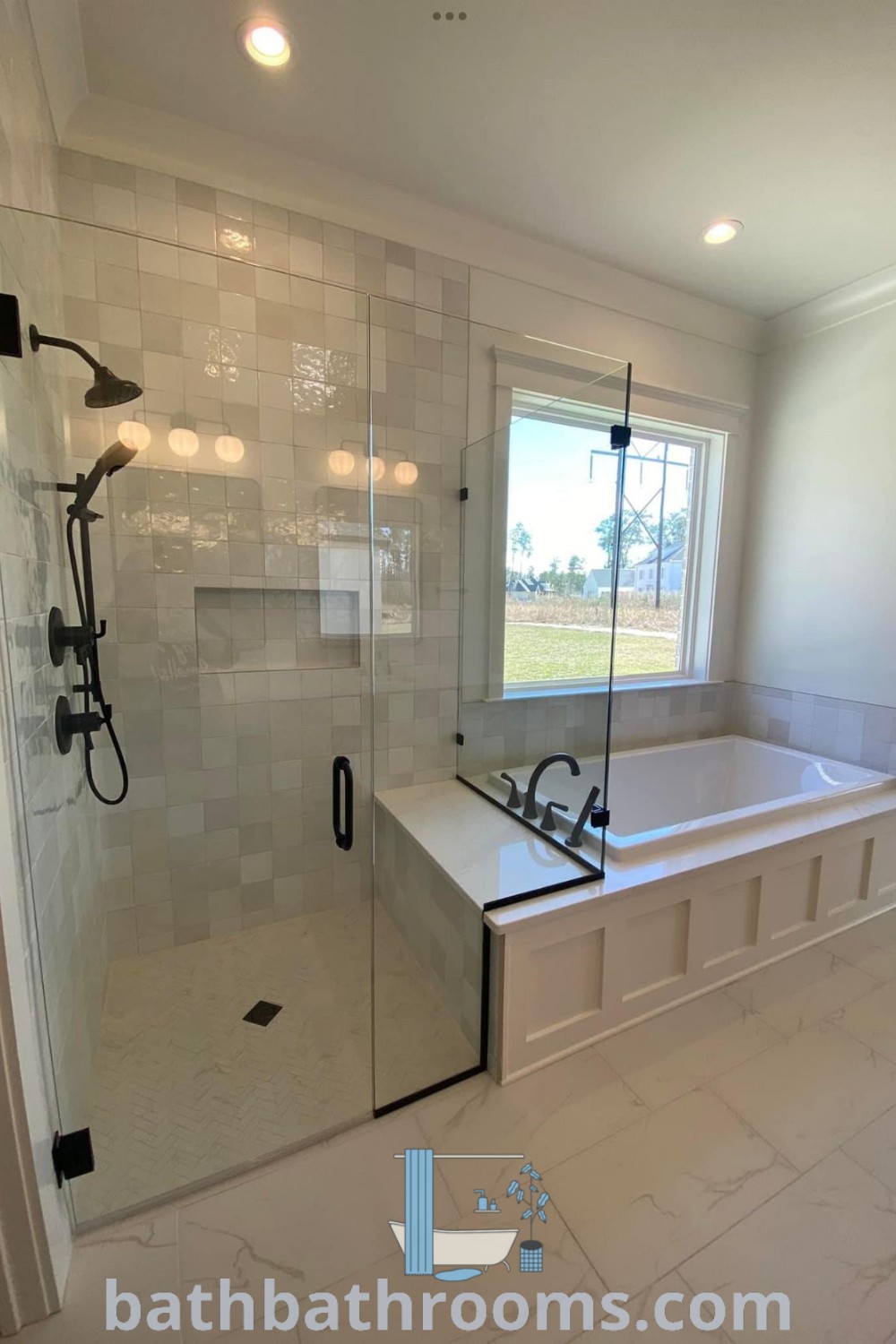 An elegant bathroom featuring a walk-in shower next to a luxurious tub, showcasing innovative bathroom tile design ideas and cozy decor inspirations. Discover more about enhancing your bath space at bathbathrooms.com.