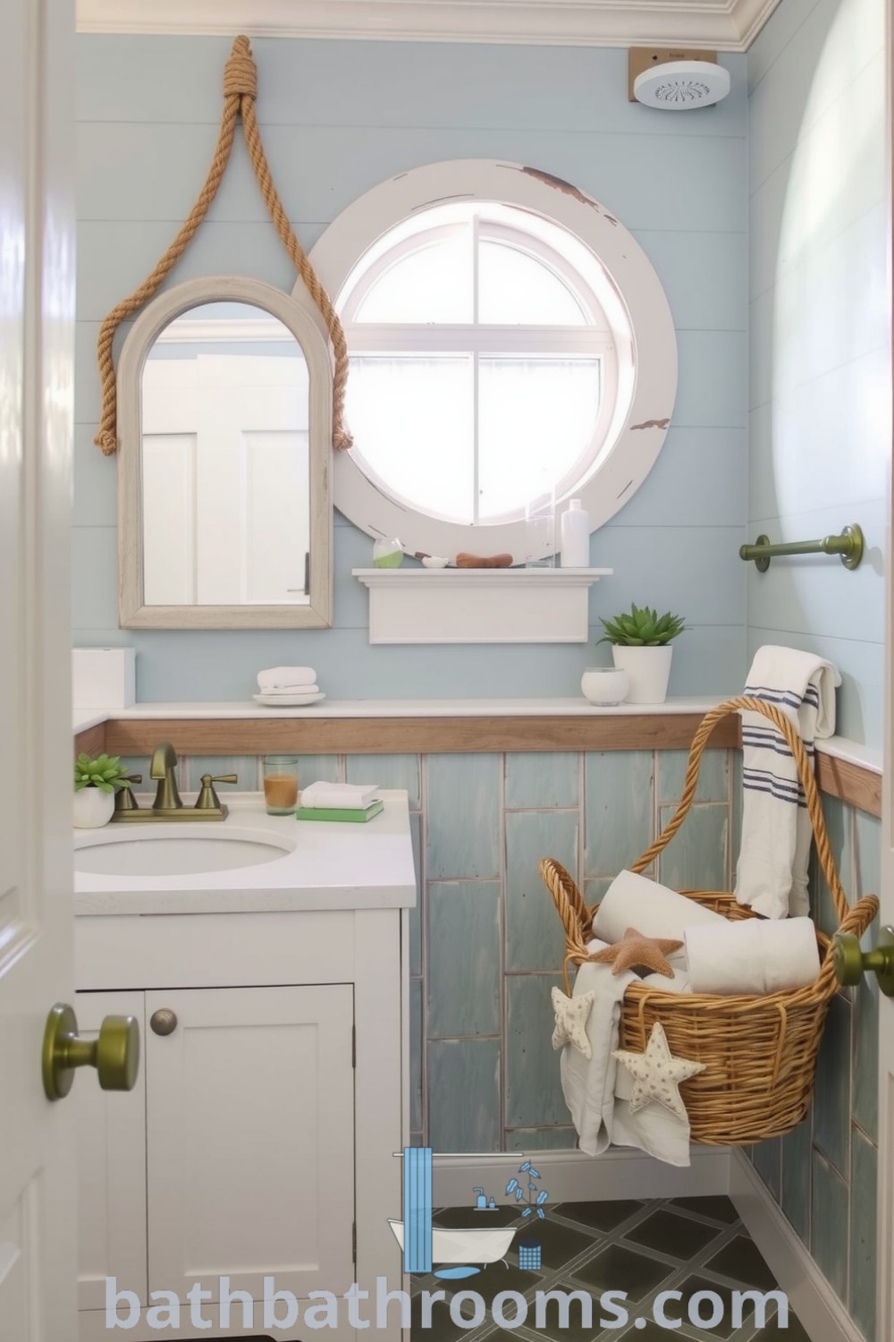 Nautical style bathroom featuring soft blue and sandy beige tones, weathered wood accents, a vintage rope-framed mirror, and chevron-patterned tiles, creating a serene coastal ambiance. Discover cozy decor ideas at bathbathrooms.com.