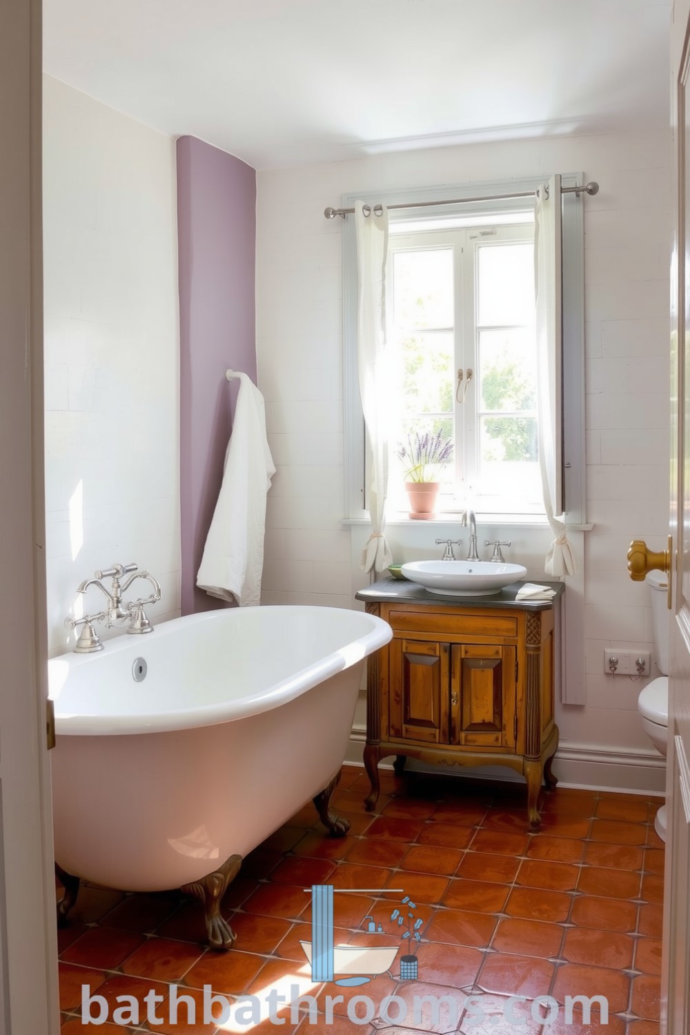 Provence bathroom featuring whitewashed walls, terracotta floor tiles, a vintage clawfoot tub, an old wooden vanity, and lavender pots adorning the windowsill, creating a cozy and inviting atmosphere. Discover more cozy design ideas at bathbathrooms.com.