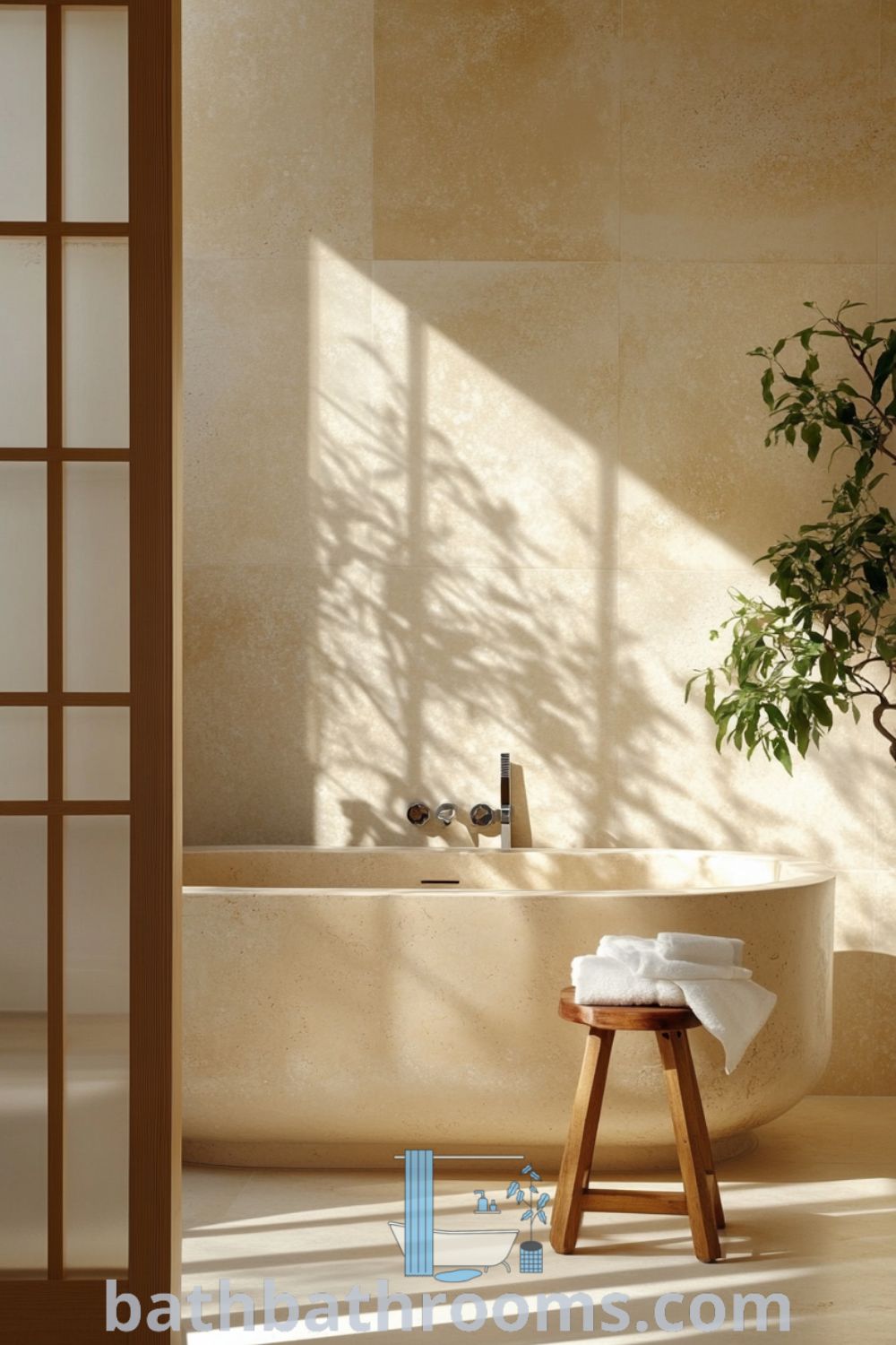Cozy Japanese bathroom featuring beige walls, warm wood accents, a deep stone soaking tub, lush plants, and soft light from shoji screens, creating a serene and inviting ambiance. Discover more cozy decor ideas at bathbathrooms.com.