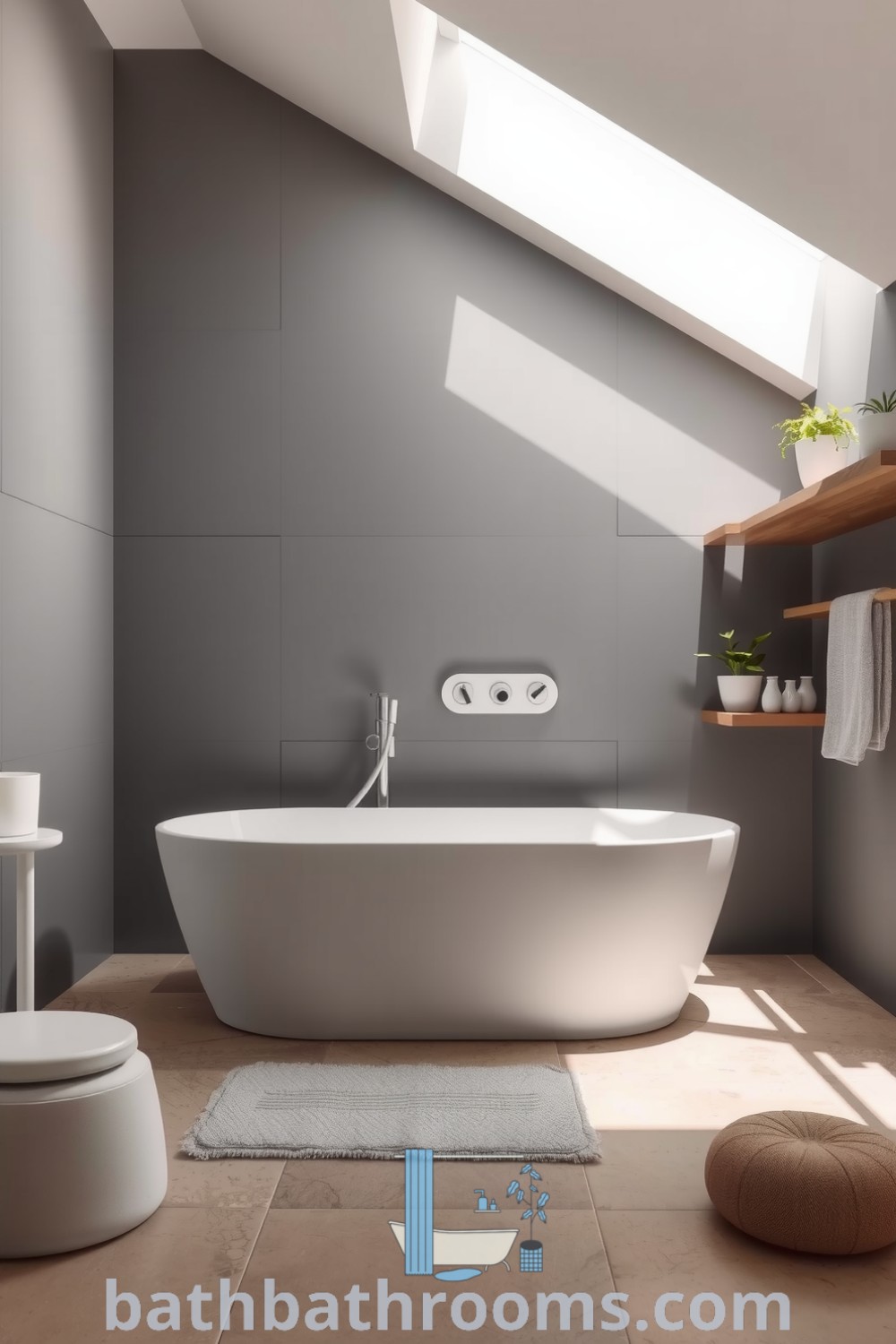 Minimalist bathroom featuring soft morning light, a freestanding tub, silver accents, earthy stone flooring, and potted plants, creating a serene atmosphere. Discover unique cozy home ideas at bathbathrooms.com.