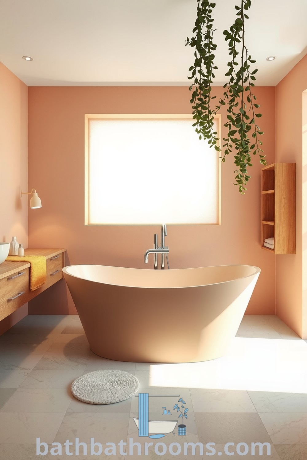 Cozy peach minimalist bathroom featuring a freestanding tub, natural wood accents, textured walls, and fresh eucalyptus, designed for relaxation and tranquility. Discover more decor ideas for your home at bathbathrooms.com.