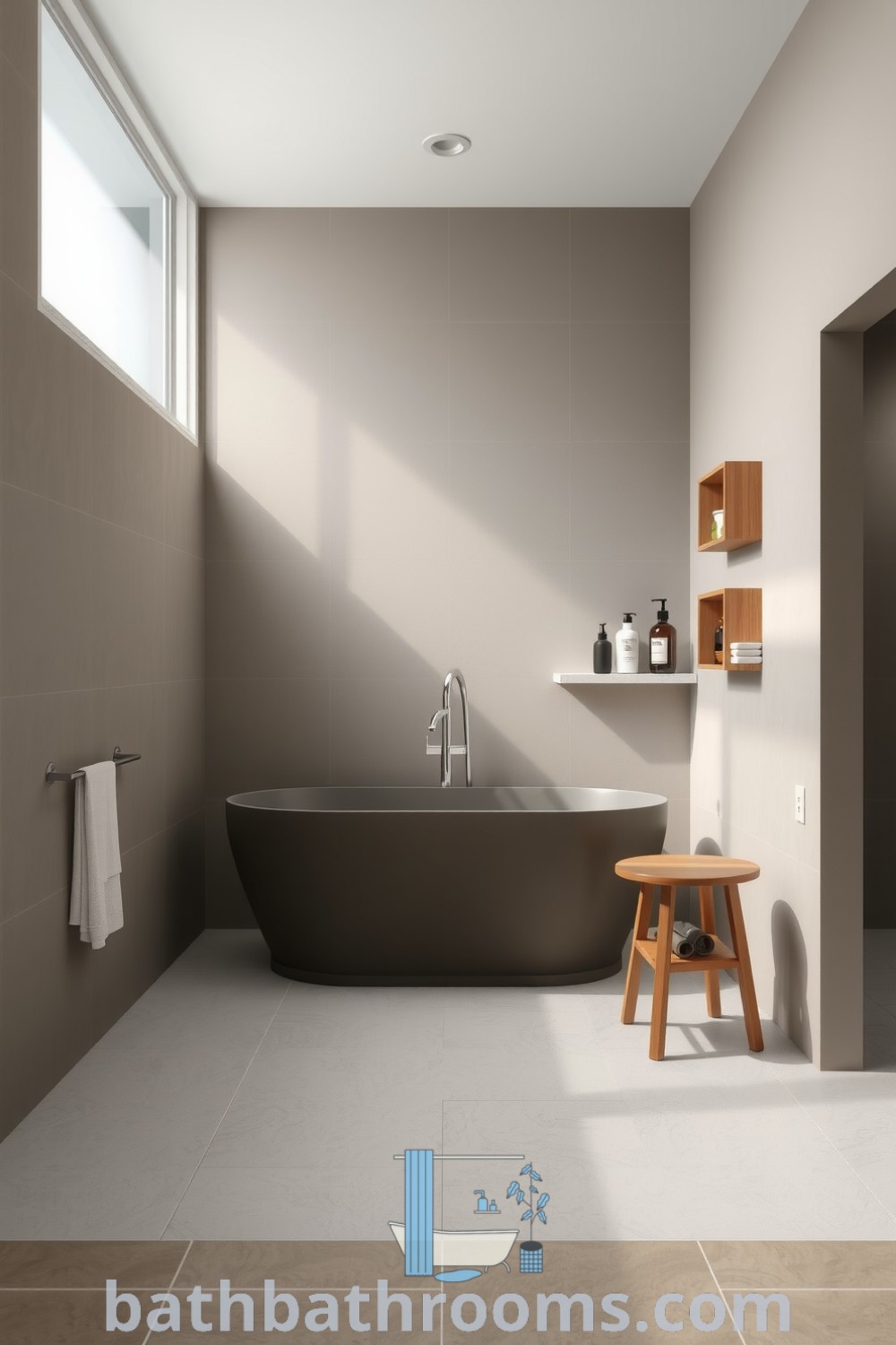A tranquil taupe minimalist bathroom featuring a sleek freestanding tub, smooth stone tiles, and natural wooden accents, creating a cozy and elegant space. Discover more decor ideas and inspirations for your home at bathbathrooms.com.