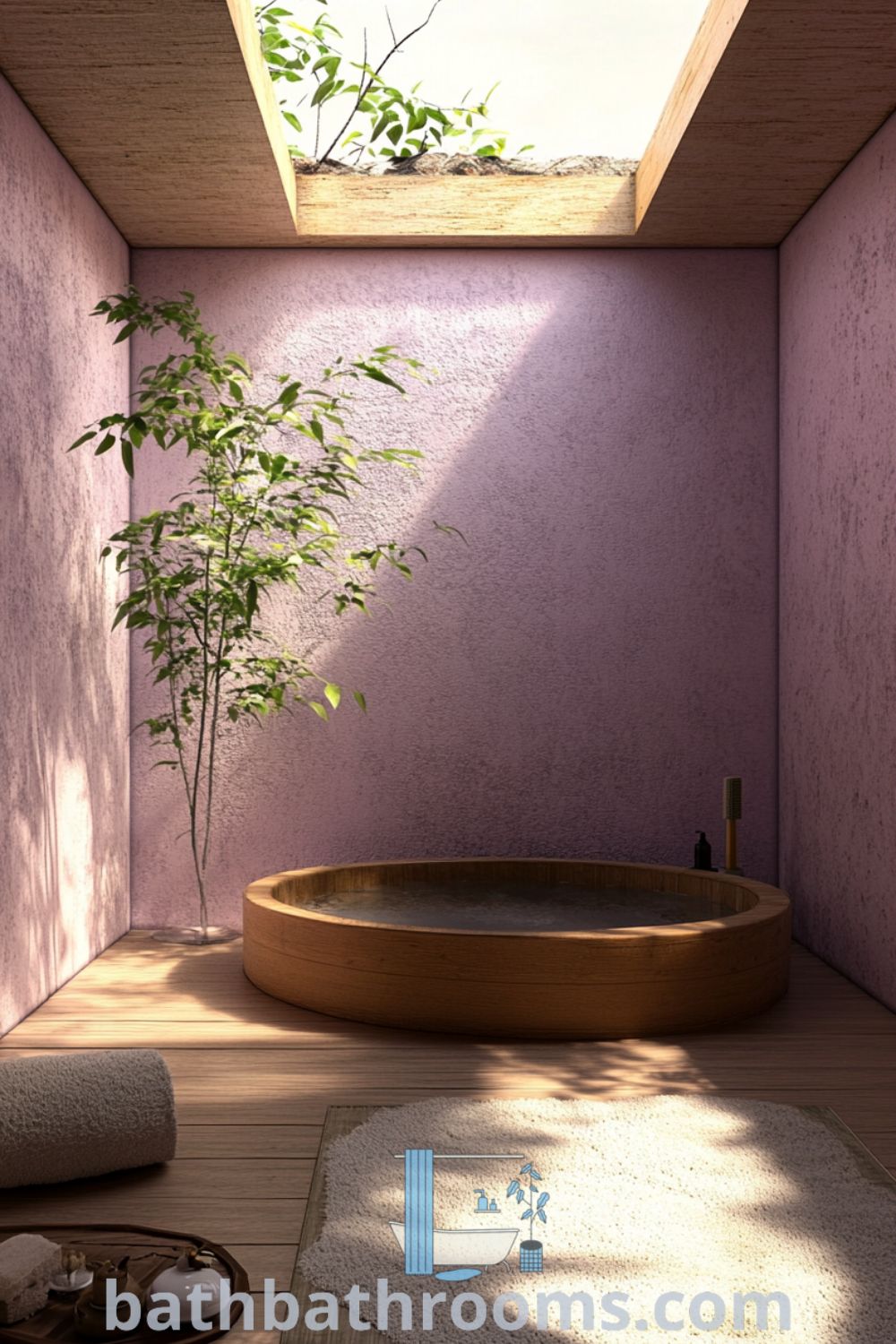 Cozy Japanese bathroom featuring a deep wooden soaking tub under a skylight, lavender walls, bamboo accents, and a small indoor plant, creating a tranquil retreat. Discover more design ideas at bathbathrooms.com.