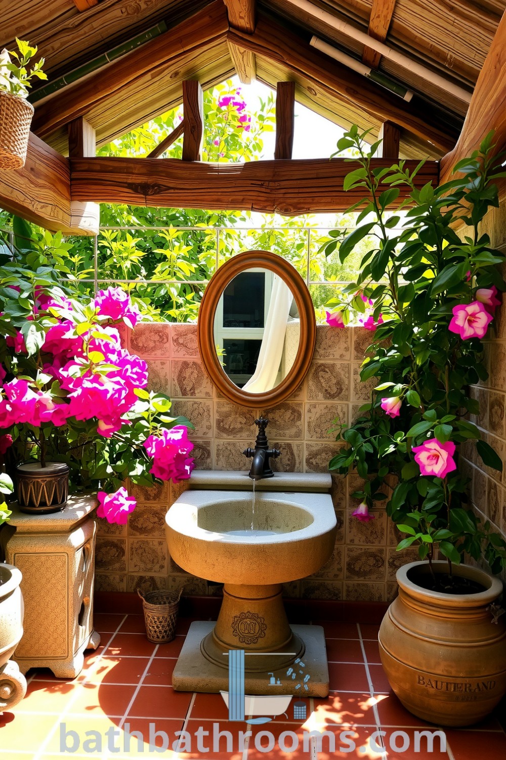 Mediterranean outdoor bathroom featuring terracotta tiles, lush greenery, blooming bougainvillea, a stone basin, and an ornate water spout, creating a serene and inviting atmosphere. Discover inspiring decor ideas for your home at bathbathrooms.com.