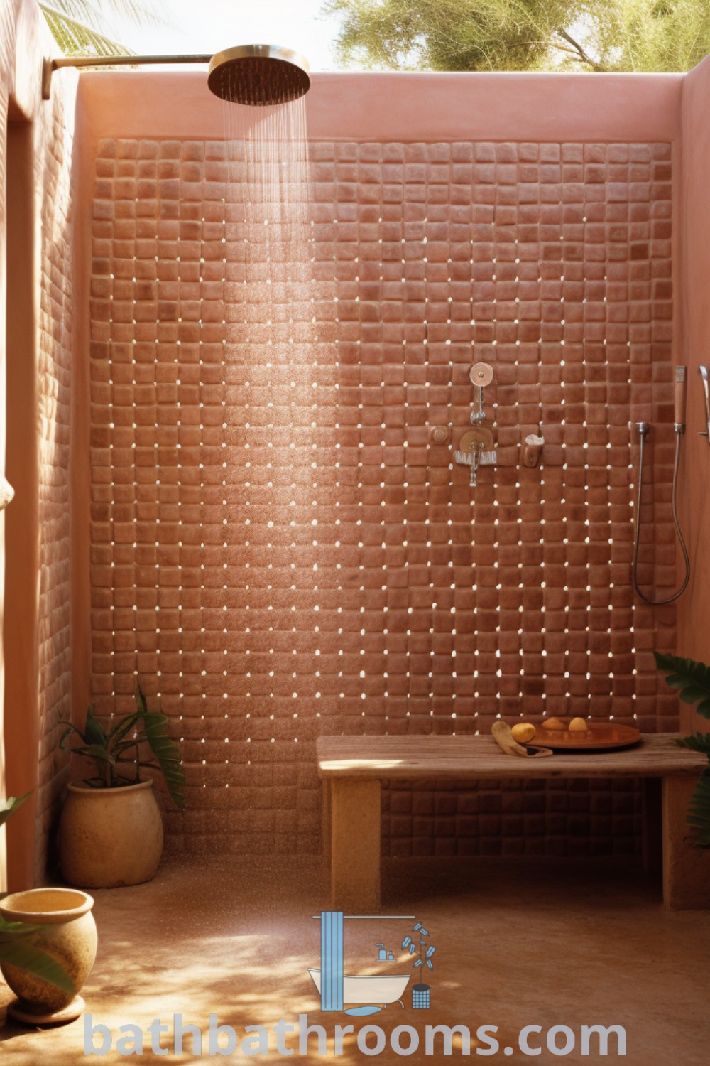 A tropical-inspired bathroom featuring a luxurious shower, bench, and potted plants, showcasing modern colonial design and decor ideas for small spaces. Find more inspiring inspirations at bathbathrooms.com.