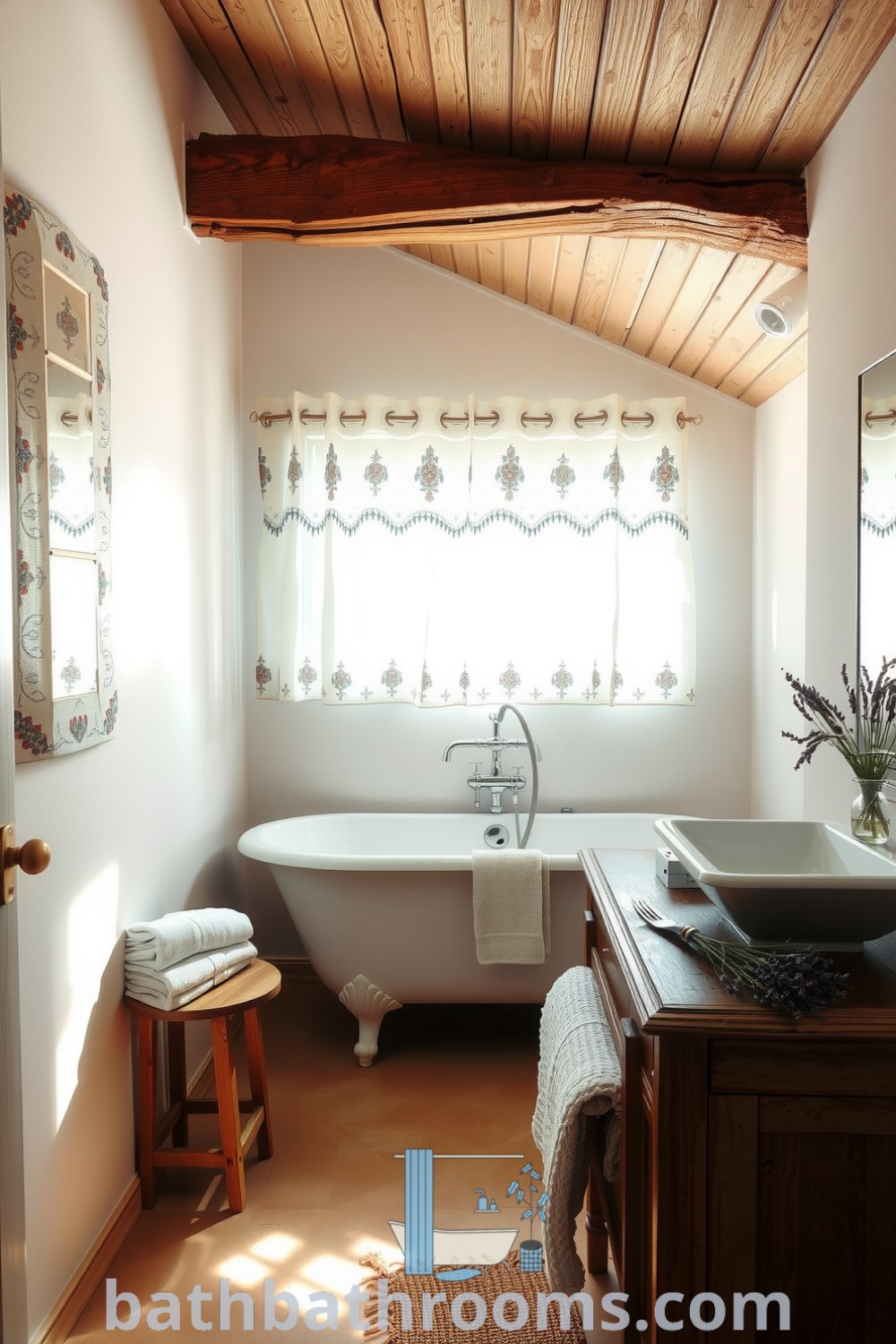 Cozy Provence bathroom featuring sunlight through lace curtains, wooden beams, vintage bathtub, fresh lavender, and arranged towels, creating a serene and inviting atmosphere. Discover inspiring decor ideas for your home at bathbathrooms.com.