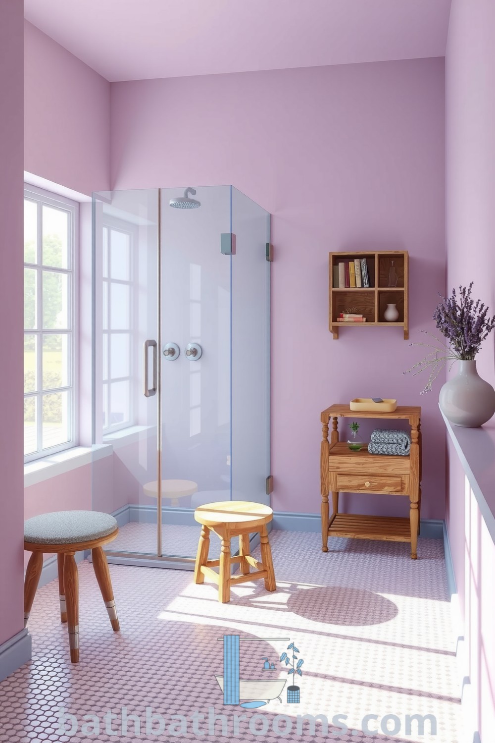 Cozy lavender bathroom featuring soft hues, a frameless glass shower, mosaic tile flooring, vintage wooden accents, and delicate lavender sprigs for a peaceful atmosphere. Discover inspiring decor ideas for your home at bathbathrooms.com.
