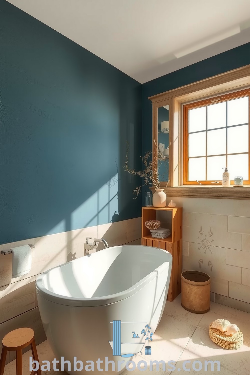 Ocean-inspired bathroom with soothing blue and sandy beige hues, weathered wood accents, and a freestanding soaking tub surrounded by smooth stones, creating a serene, coastal retreat. Discover unique decor ideas for your home at bathbathrooms.com.