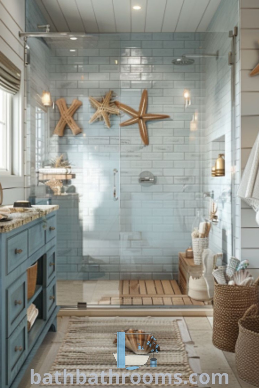 A cozy rustic beach bathroom showcasing blue cabinets and white tiles adorned with starfish decorations, perfect for beach theme bathroom decor. Discover cozy ideas and designs for your home at bathbathrooms.com.