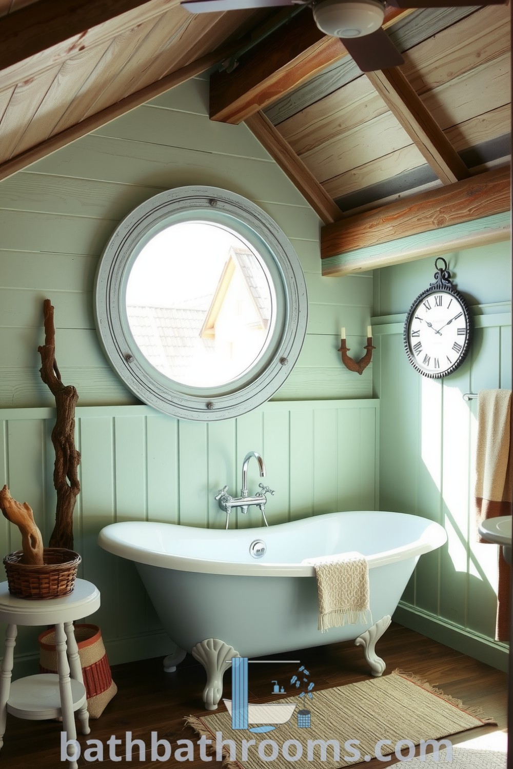Coastal bathroom featuring weathered wooden beams, a vintage clawfoot tub under a porthole window, and nautical decor in seafoam green, offering serene vibes. Discover unique ideas to enhance your home at bathbathrooms.com.