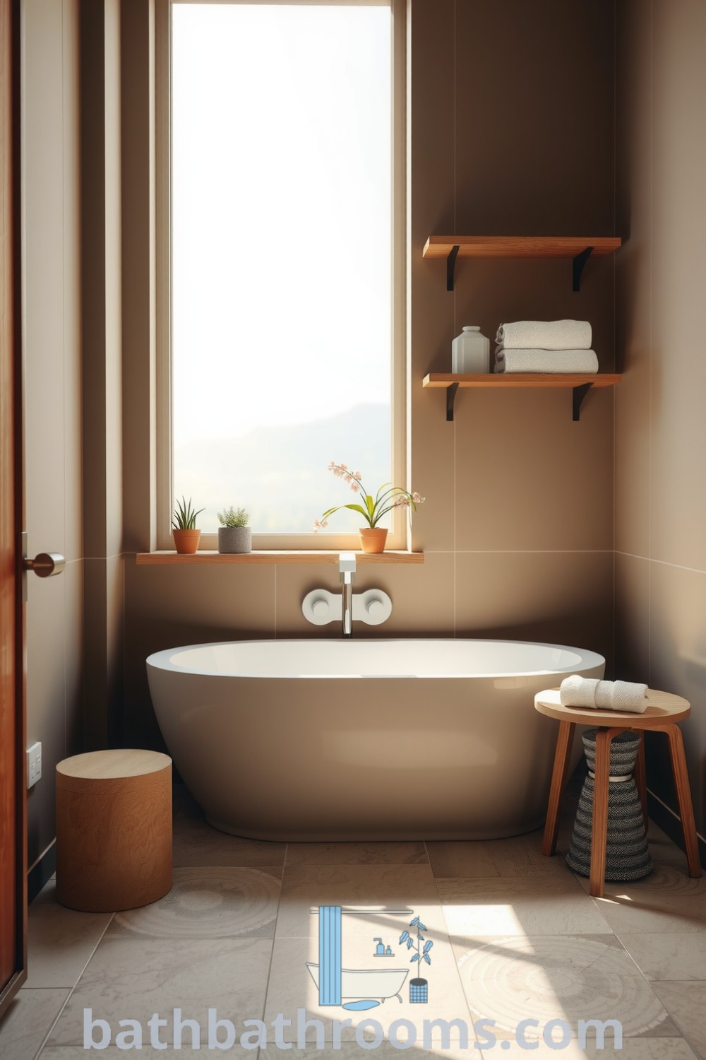 Cozy taupe minimalist bathroom featuring a freestanding tub, textured stone flooring, potted plants, and soft natural light, creating a tranquil atmosphere for relaxation. Discover more inspiring decor ideas for your home at bathbathrooms.com.