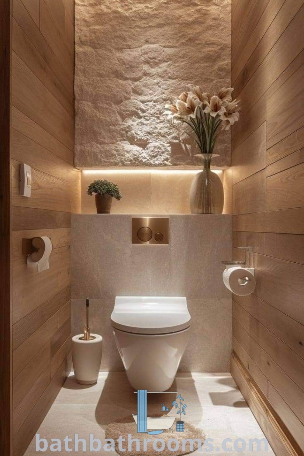 A modern guest bathroom featuring wood paneling and stone walls, designed to offer a luxurious yet cozy atmosphere. This stylish wc design combines unique decor inspirations, showcasing top bathroom designs ideal for any home. Explore more at bathbathrooms.com.