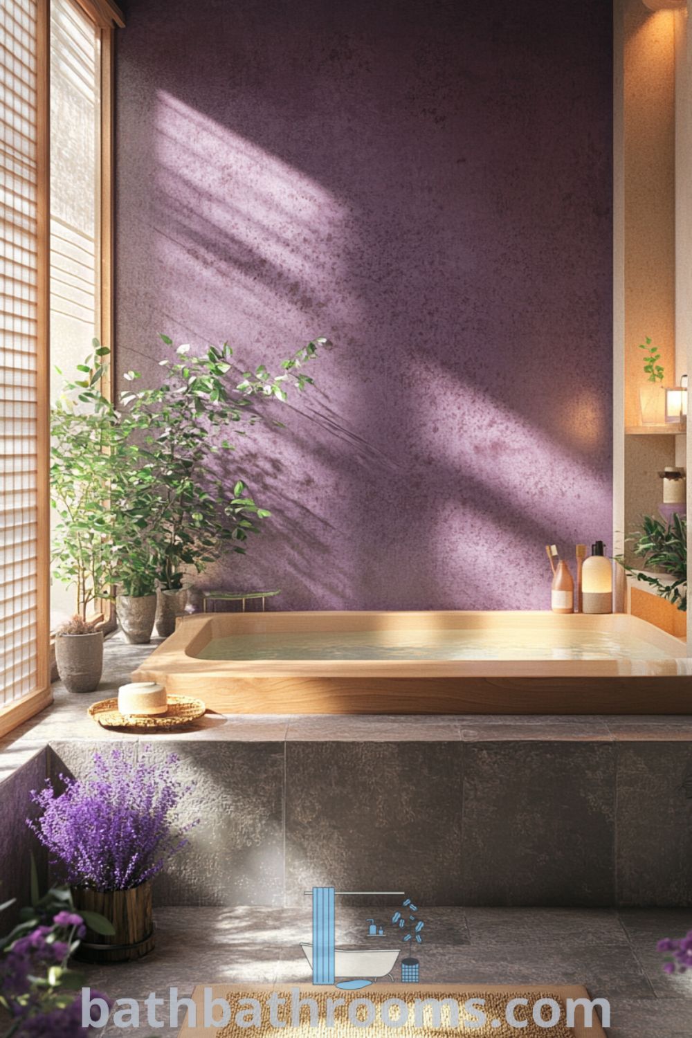 Cozy Japanese bathroom featuring warm wooden accents, soft lavender walls, a deep soaking tub, potted plants, and natural light from a rice paper window, creating a tranquil and inviting atmosphere. Explore design ideas for your home at bathbathrooms.com.