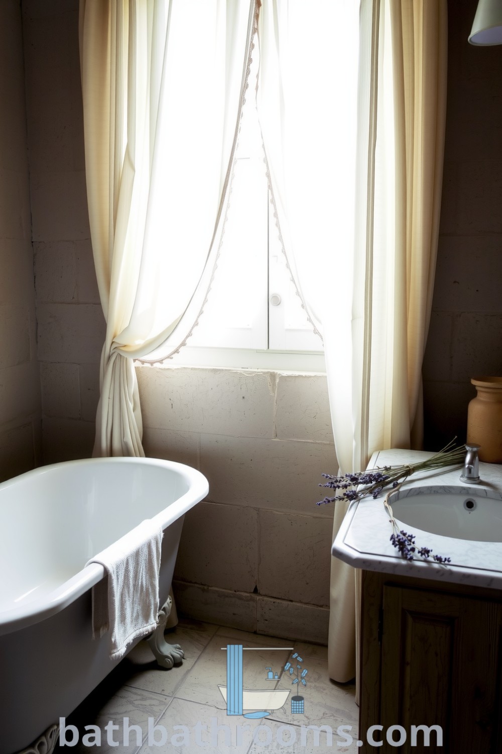 Cozy Provence bathroom featuring gray tones, textured stone walls, a vintage clawfoot tub, and dried lavender, creating a serene atmosphere. Discover more cozy ideas at bathbathrooms.com.