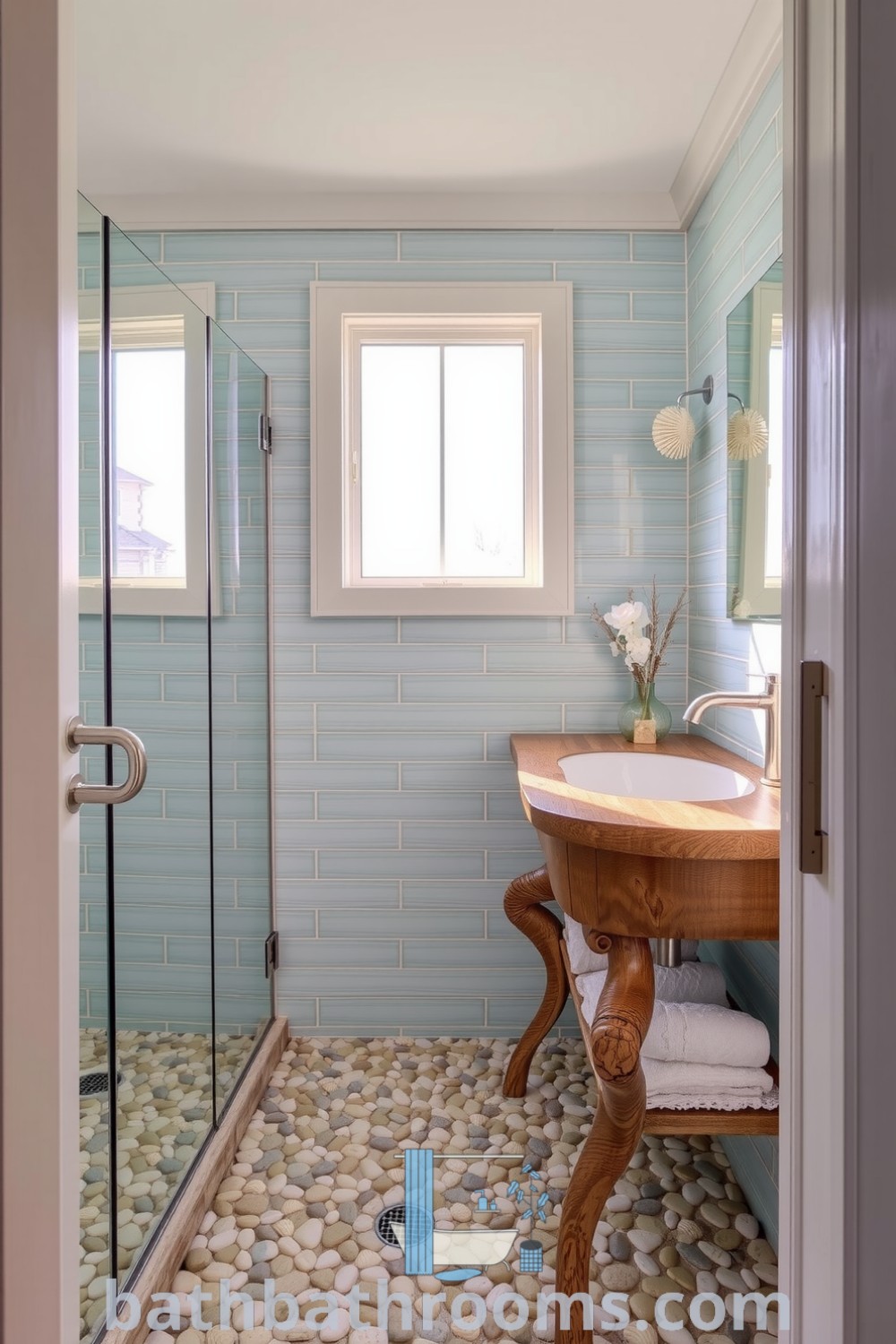 Cozy ocean-style bathroom featuring aqua tiles, a driftwood vanity, pebble-styled shower floor, and seashell accents, creating a serene and inviting atmosphere. Explore more unique ideas for your home at bathbathrooms.com.