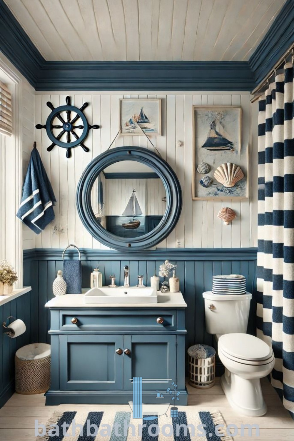 A bathroom decorated in beach cottage style featuring blue and white decor, a striped shower curtain, rugs, and a sink, embodying a nautical theme. Discover more unique ideas and decor inspirations at bathbathrooms.com.