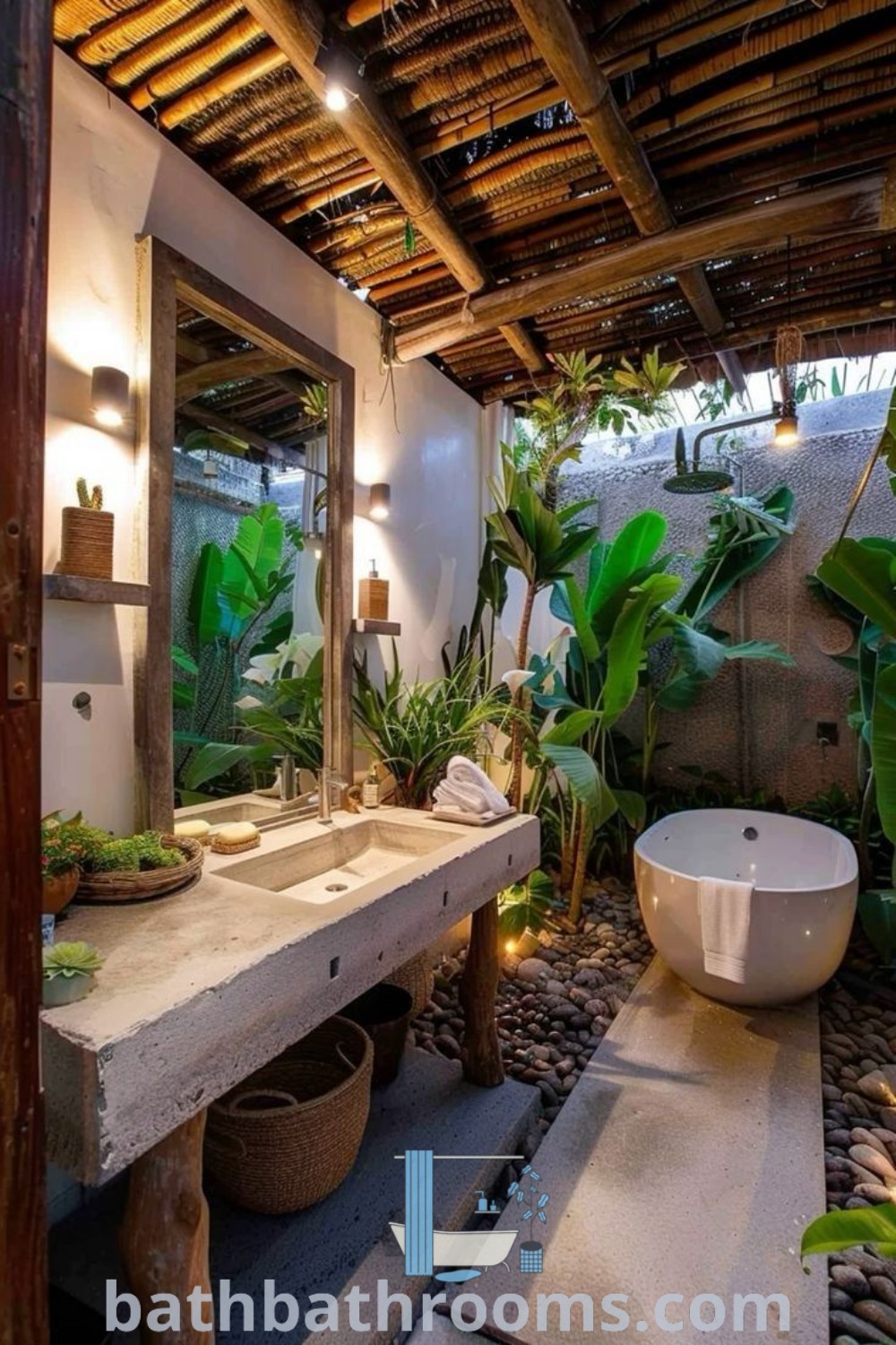 A Bali-inspired bathroom featuring a sink, tub, and plants, showcasing a bathroom jungle aesthetic. This unique design integrates Balinese influences for a cozy atmosphere, perfect for home decor inspirations. Discover more ideas for your home at bathbathrooms.com.