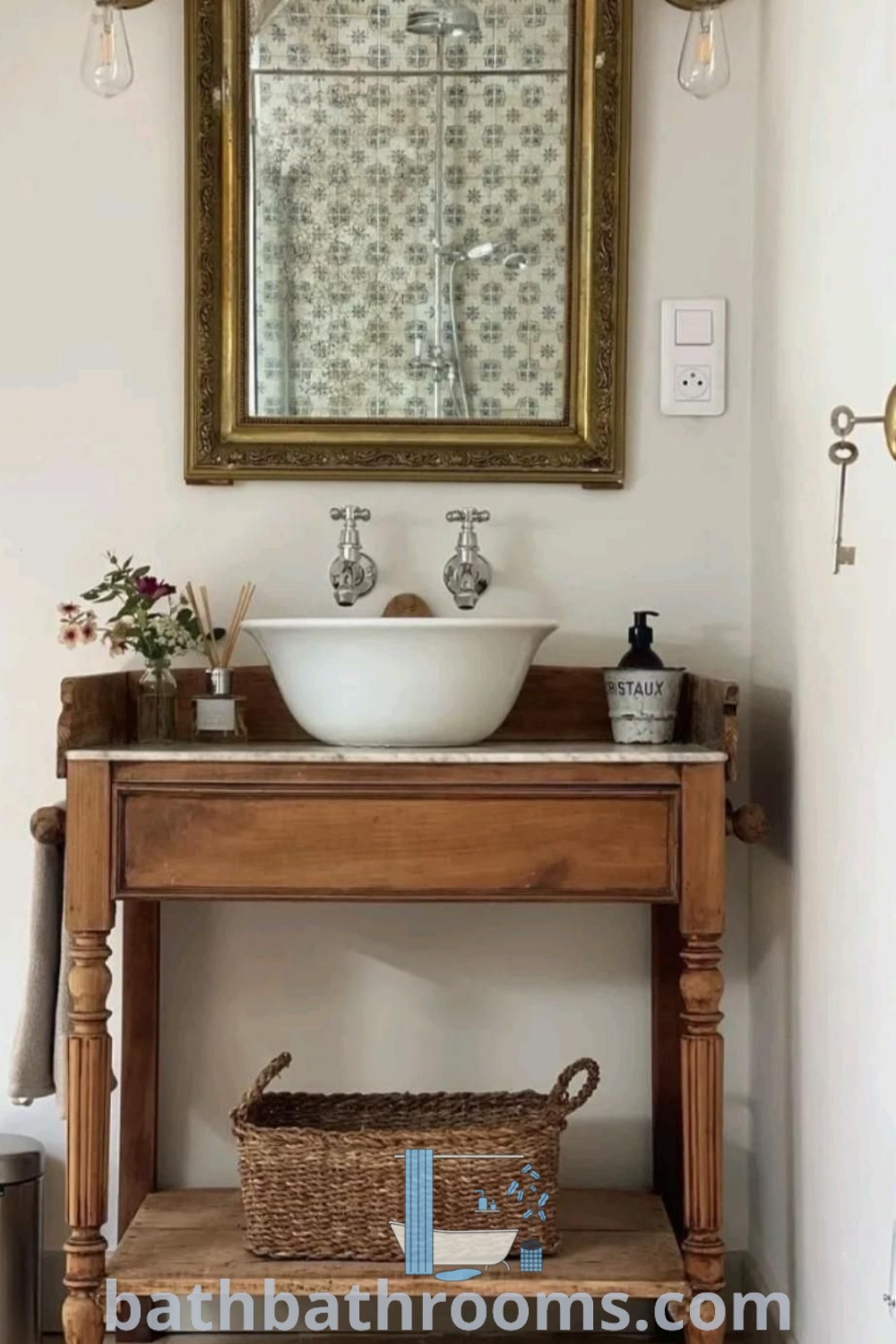 An elegant bathroom featuring a vintage vessel sink under a round window, next to a wooden table with a basket. The design beautifully reflects 18th-century decor and cozy aesthetic, perfect for cottage green or traditional rustic bathroom inspirations. Visit bathbathrooms.com for more decor ideas for your home.