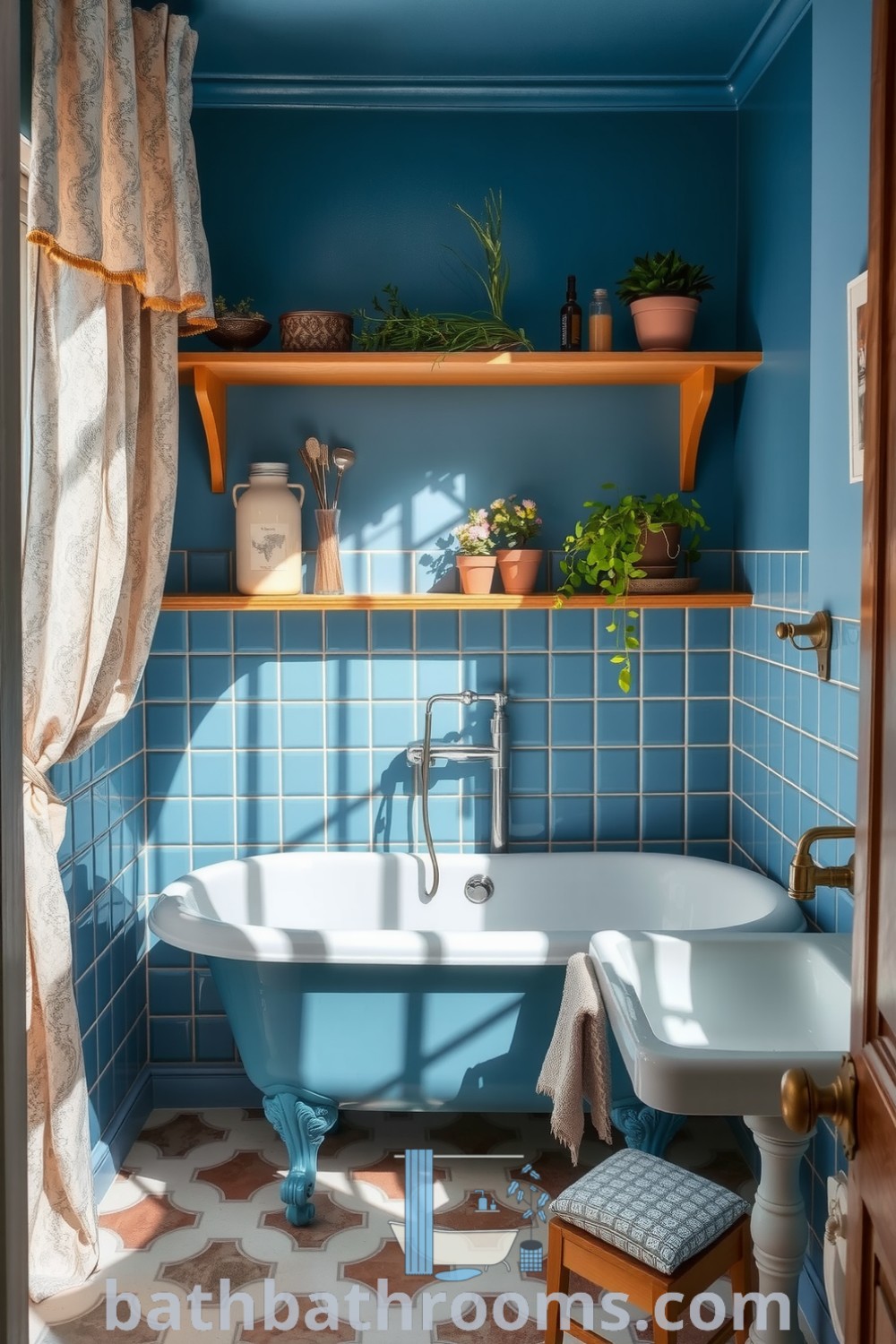 Cozy Provence bathroom featuring handmade blue tiles, a freestanding azure tub, and a wooden shelf with dried herbs, creating a warm and inviting retreat for relaxation. Discover unique decor ideas and inspirations for your home at bathbathrooms.com.