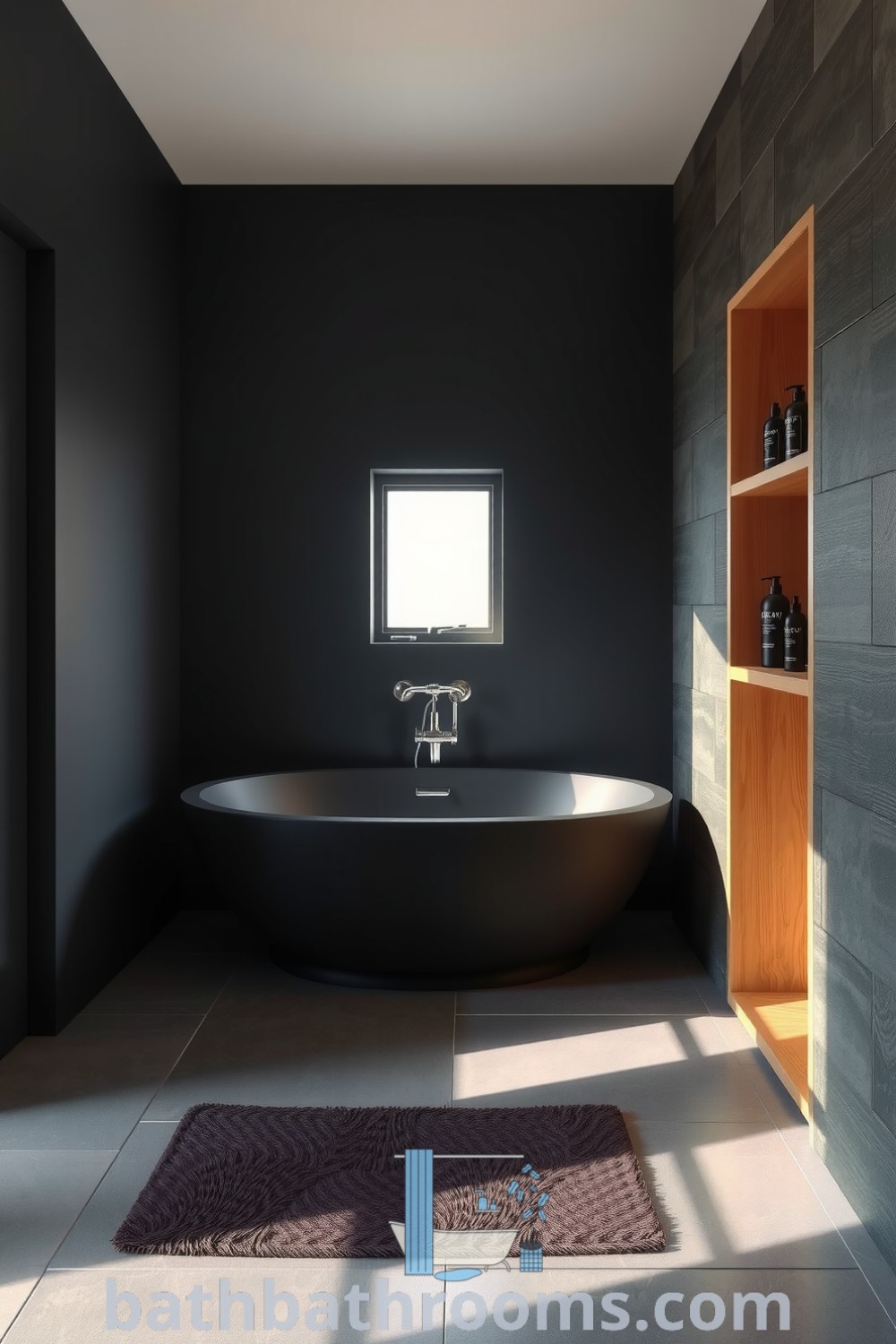Minimalist bathroom featuring a sleek freestanding tub, deep graphite tones, warm wooden accents, and textured stone walls, creating a serene and cozy atmosphere. Discover inspiring decor ideas for small spaces at bathbathrooms.com.