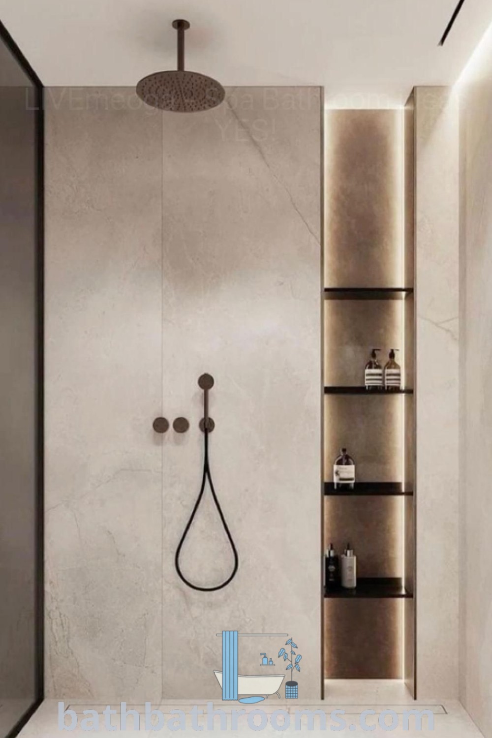 A minimalist bathroom featuring micro cement design, recessed lighting, and cozy decor inspirations. This spa-like washroom embodies modern bathroom design trends, offering unique ideas for a stylish and functional space. Explore more design inspirations at bathbathrooms.com.