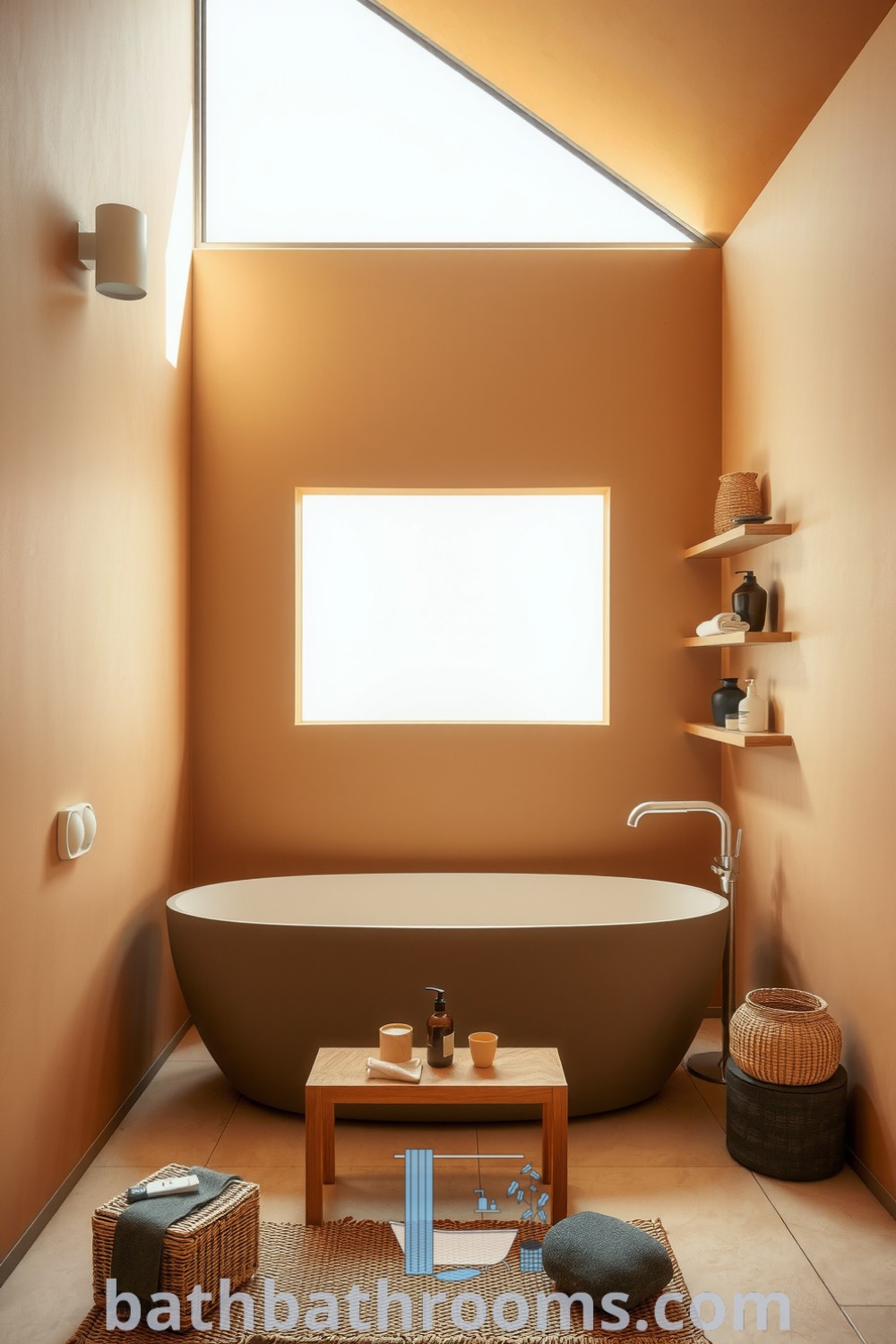 Cozy minimalist bathroom featuring warm sand hues, a sleek freestanding tub, woven baskets, and stone accents, creating a tranquil atmosphere perfect for relaxation. Discover more unique ideas for your home at bathbathrooms.com.
