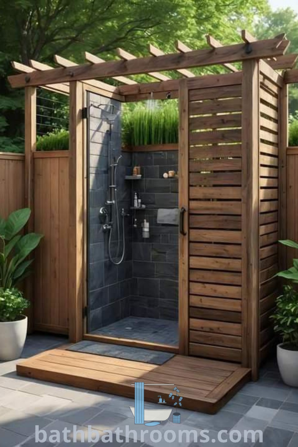 An outdoor shower surrounded by vibrant plants, showcasing unique outdoor bathroom ideas and design inspirations. Explore stylish outdoor shower enclosures and DIY options at bathbathrooms.com.