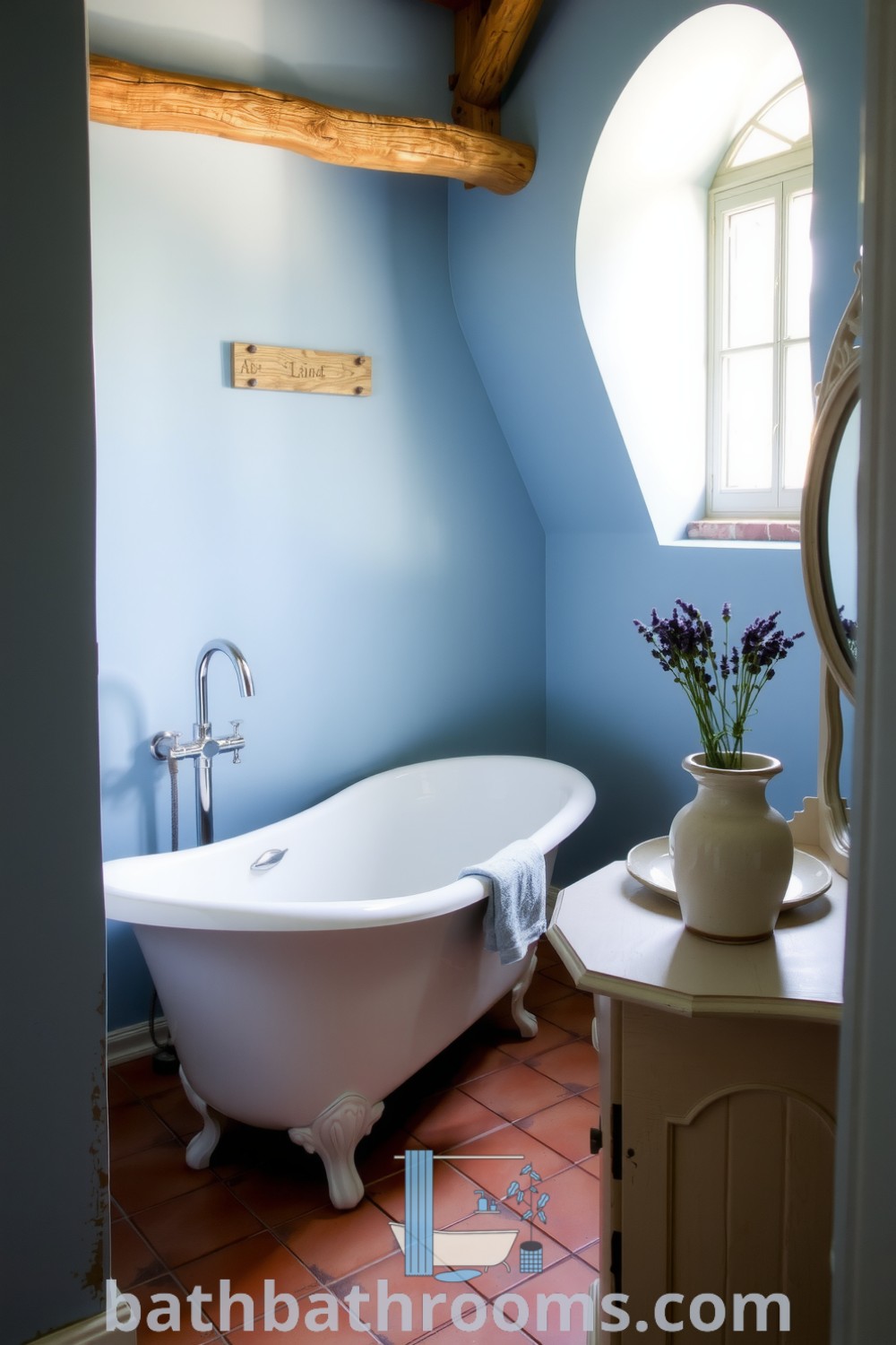 Cozy Provence bathroom featuring soft blue walls, a vintage freestanding tub, rustic wooden accents, terracotta tiles, and fresh lavender in a ceramic vase, creating a tranquil atmosphere. Discover inspiring decor ideas for your home at bathbathrooms.com.
