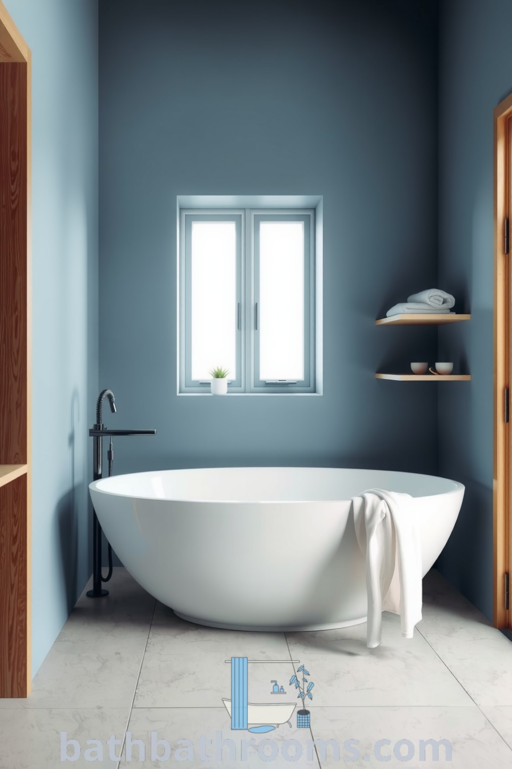 Minimalist bathroom featuring a soothing cyan hue, smooth rounded edges, a freestanding tub against a textured stone wall, warm wooden accents, and a potted plant, creating a tranquil and cozy aesthetic. Discover more unique ideas for your home at bathbathrooms.com.