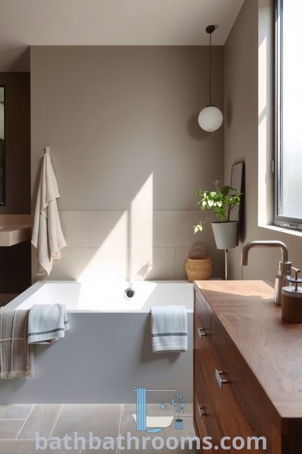 Elegant minimalist bathroom featuring a taupe palette with a soaking tub against warm stone, a reclaimed wood vanity, and soft towels, creating a serene retreat ideal for relaxation. Discover more cozy decor ideas at bathbathrooms.com.