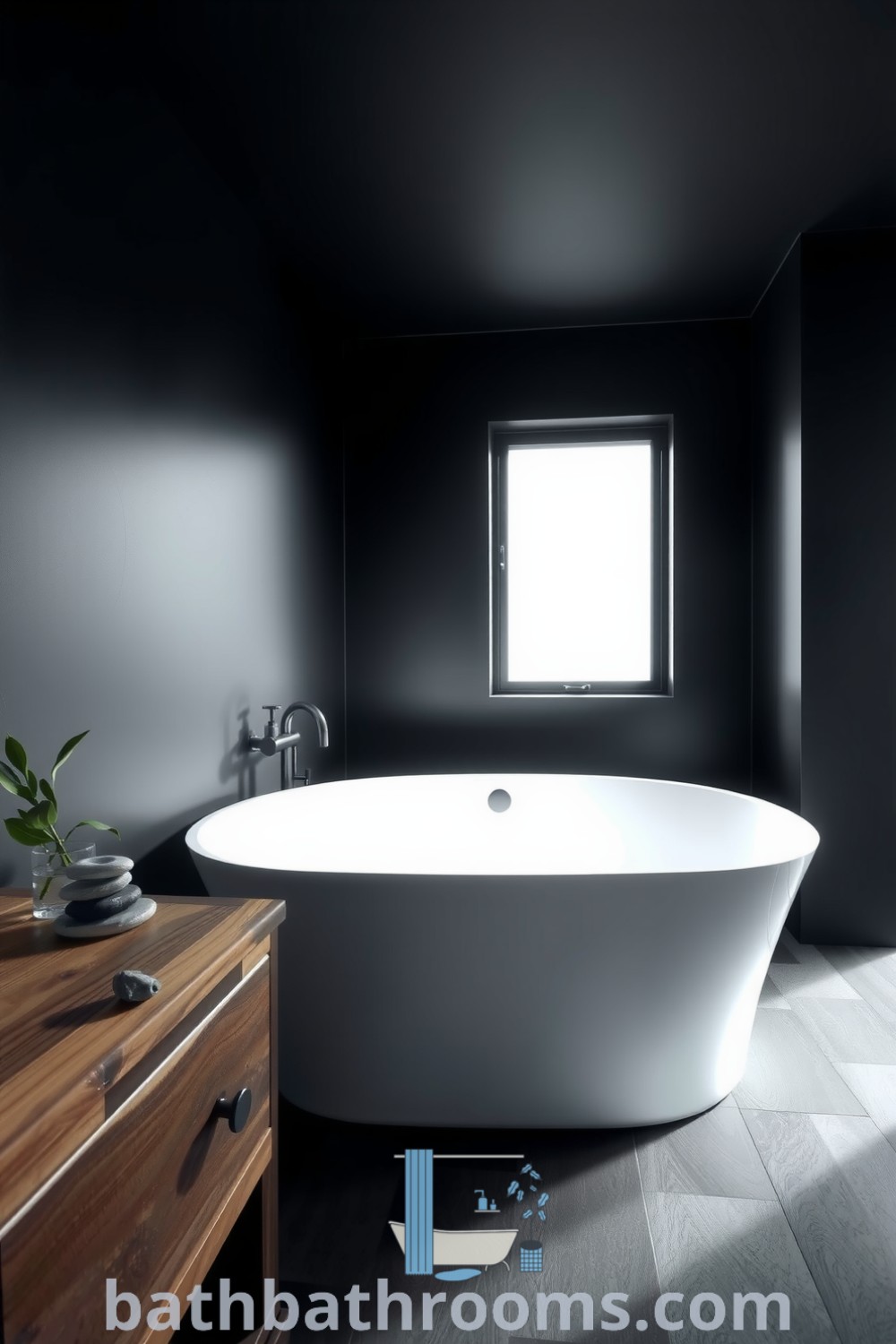 Cozy black bathroom featuring a freestanding tub, matte black walls, reclaimed wood accents, and natural stone decor, creating a serene and inviting atmosphere. Discover inspiring ideas for your home at bathbathrooms.com.