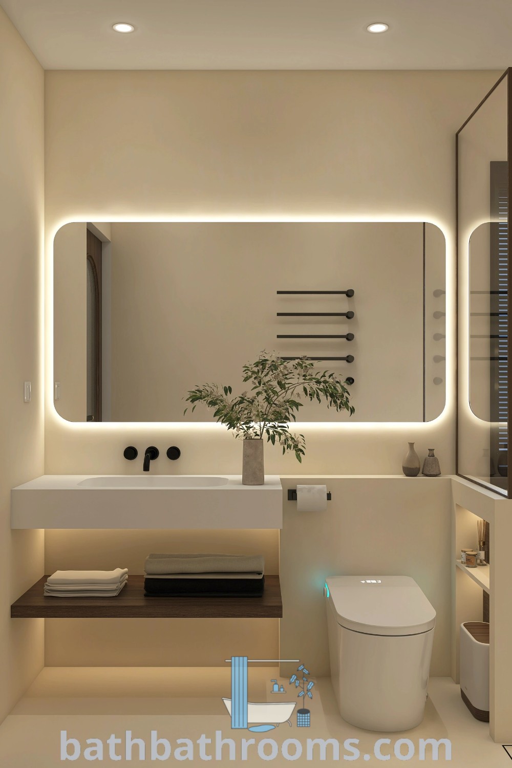 A stylish minimalist bathroom featuring a central plant and a mirror on the wall, showcasing design ideas for modern apartment decor. The aesthetic emphasizes functionality and serenity with clean lines and cozy home inspirations. Explore more at bathbathrooms.com.