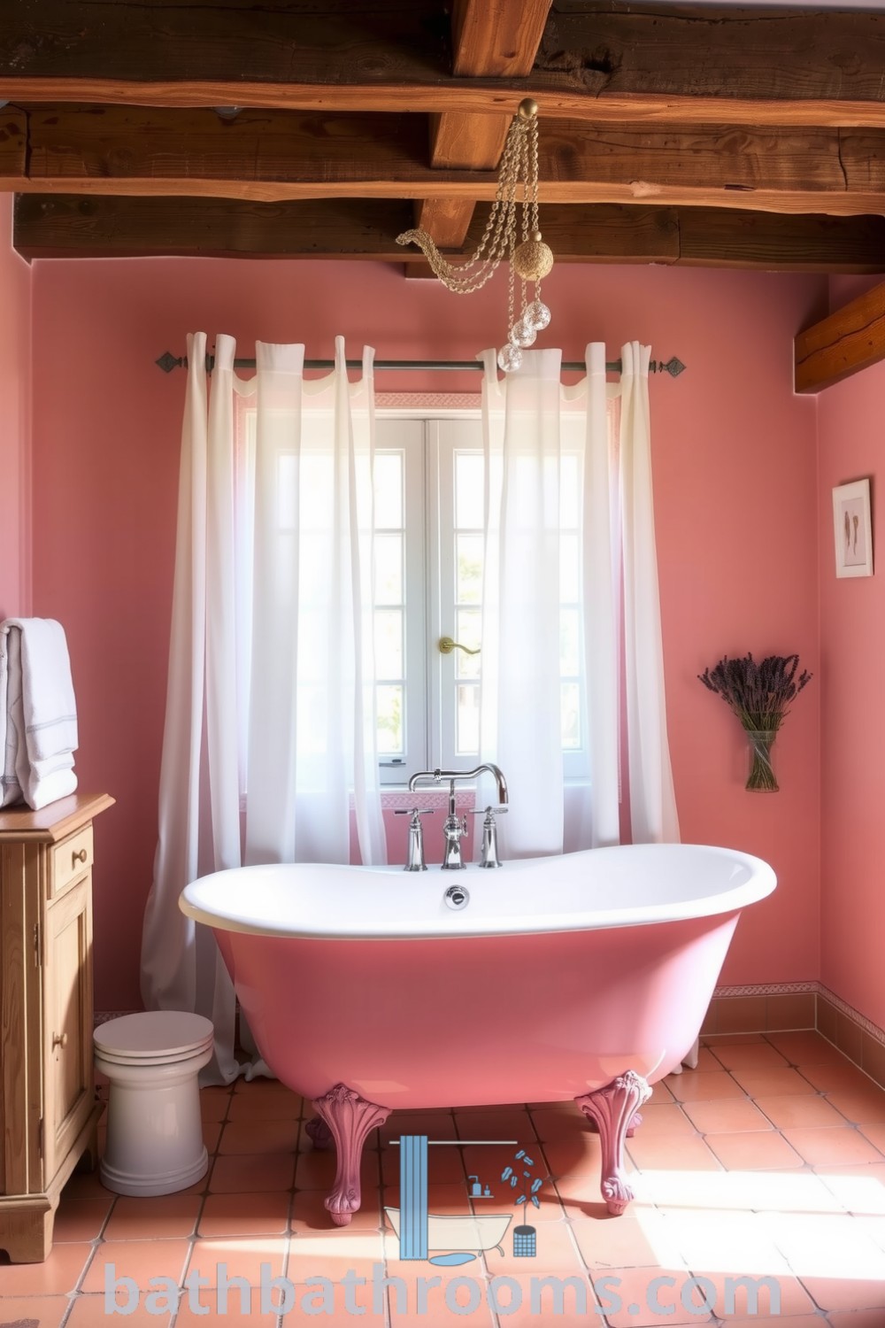 Cozy Provence bathroom featuring soft pink accents, rustic wooden beams, vintage clawfoot tub, dried lavender, and natural light, creating a charming atmosphere. Discover more decor ideas for your home at bathbathrooms.com.