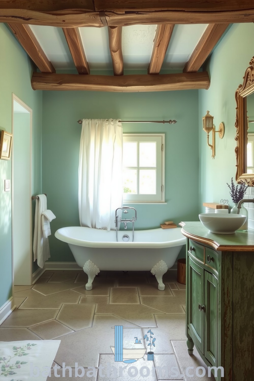 Cozy Provence bathroom featuring soft mint green walls, weathered wooden beams, a vintage clawfoot tub, and antique vanity, adorned with fresh mint and lavender for a refreshing atmosphere. Discover inspiring decor ideas for your home at bathbathrooms.com.