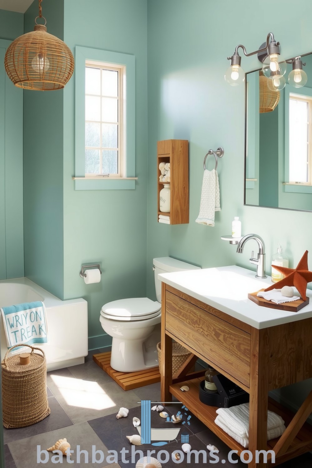 Ocean-style bathroom featuring soft seafoam green walls, a rustic wood vanity, slate tiles, seashells, and driftwood accents, creating a tranquil retreat ambiance. Discover inspiring decor ideas for your home at bathbathrooms.com.