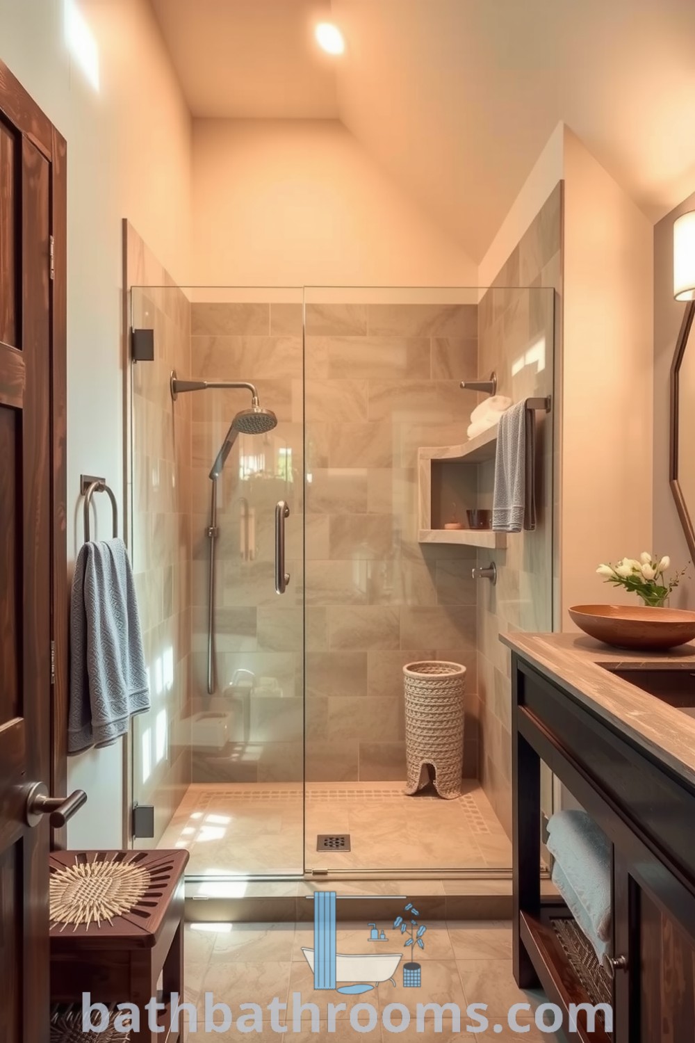 Cozy bathroom featuring a frameless glass shower, beige stone tiles, rustic wood accents, and soft ambient lighting, creating a tranquil atmosphere for relaxation. Discover inspiring decor ideas and transformation tips for your home at bathbathrooms.com.